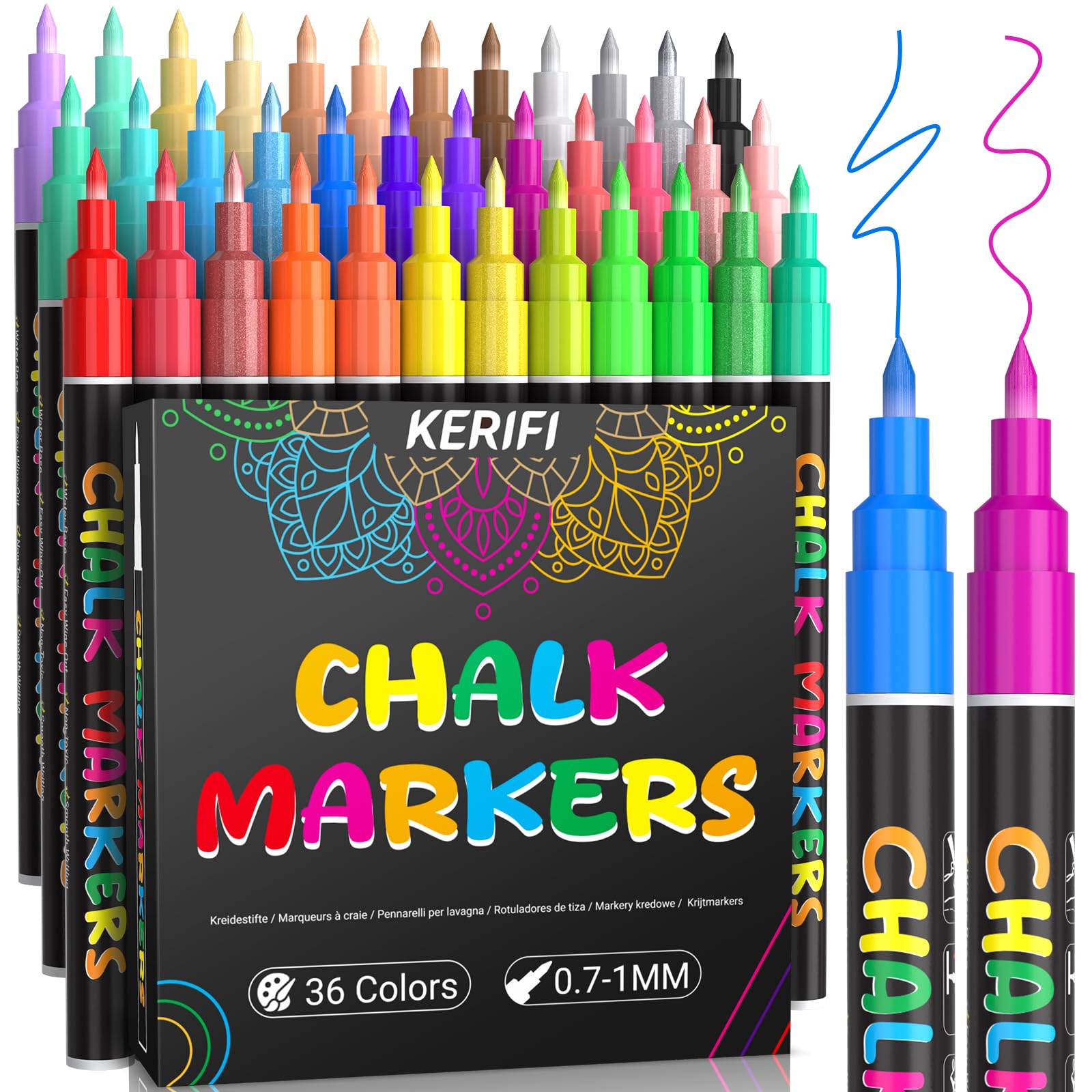KERIFI Pennarelli a gesso liquido a punta fine da 1,0 mm, 36 colori, cancellabili a umido, per lavagna, calendari, lavagne, menù bistrot, cartelli per matrimoni, decorazioni per vetri, 45 etichette