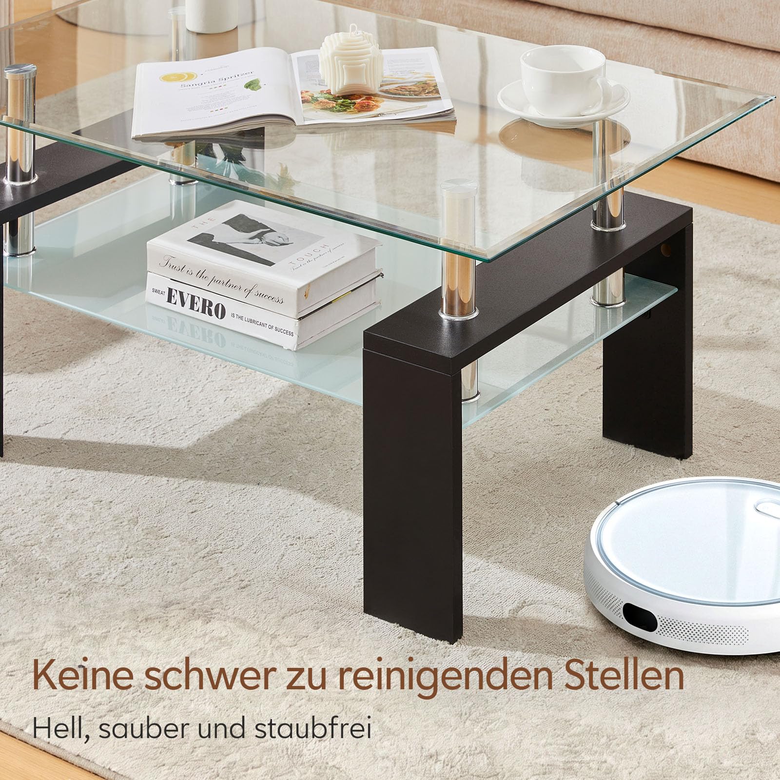 TUKAILAI Couchtisch Glas Modern Rechteckiger Wohnzimmertisch Couchtisch mit unterer Ablage, Beistelltisch Glastisch für Wohnzimmer, Gäste, Empfang, Zimmertisch, Schwarz,100x60x45 cm