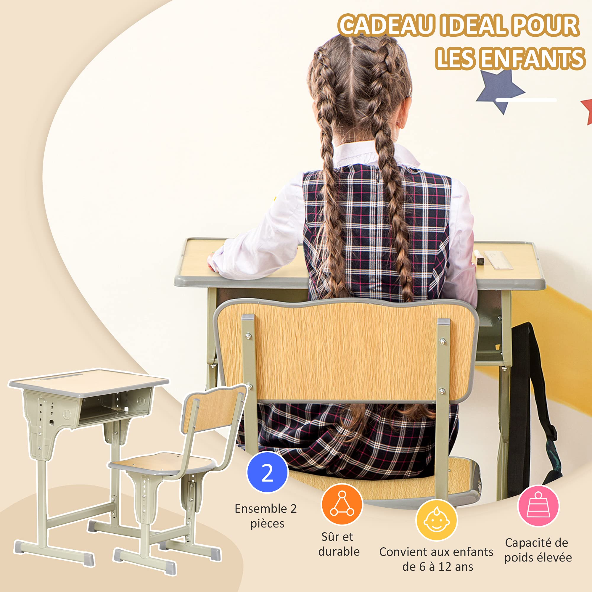 HOMCOM Bureau Enfant Vintage Style pupitre d'écolier - Ensemble Bureau et Chaise réglable - Case de Rangement, Bracket, Range-stylos - Acier Kaki MDF Aspect Bois Clair