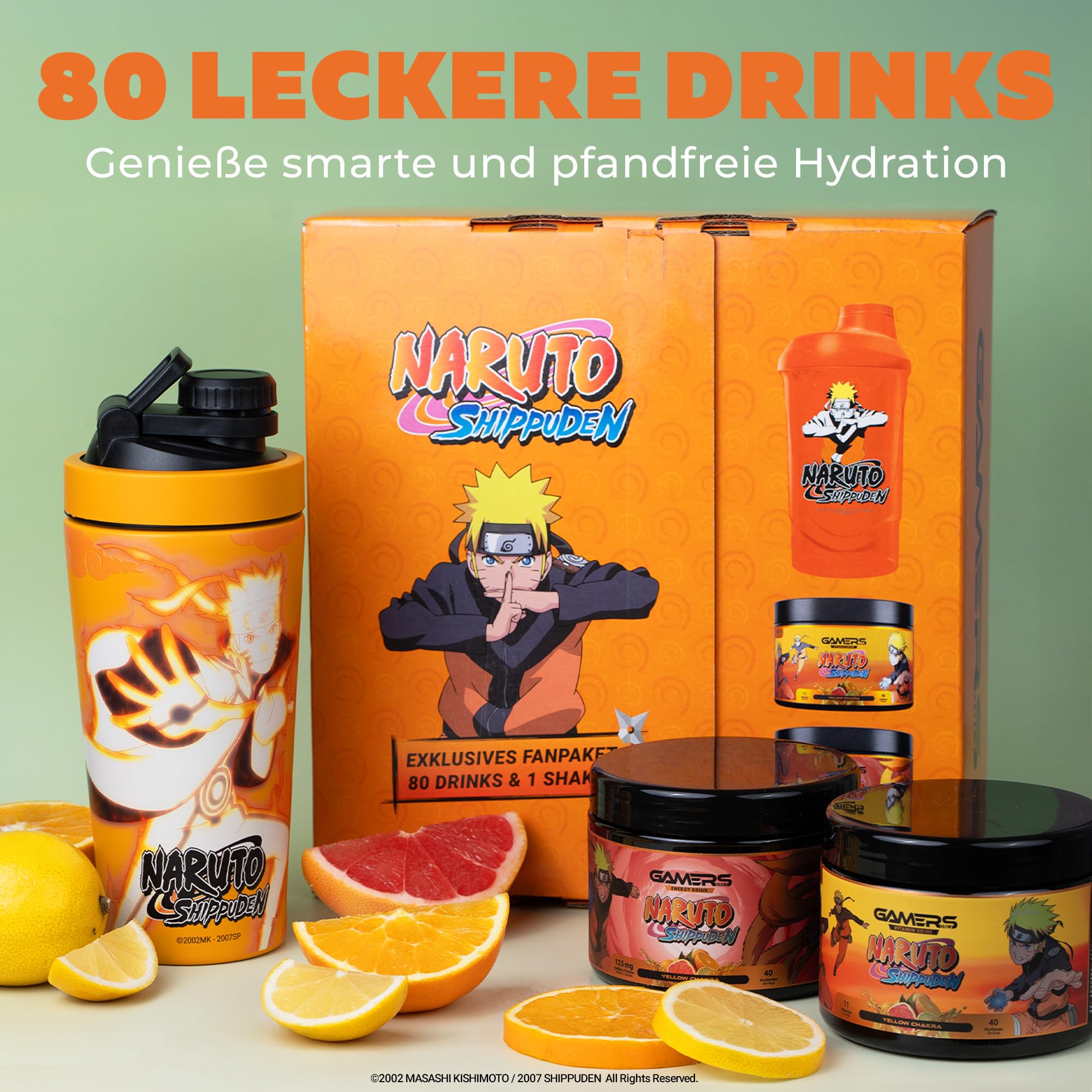 Gamers Only x NARUTO Collector Bundle [MIT ENEGRY PULVER & VITAMIN DRINK ] - 40 Portionen | inkl. Edelstahlshaker | Erhöht die Konzentration & Reaktionen | 125 MG Koffein