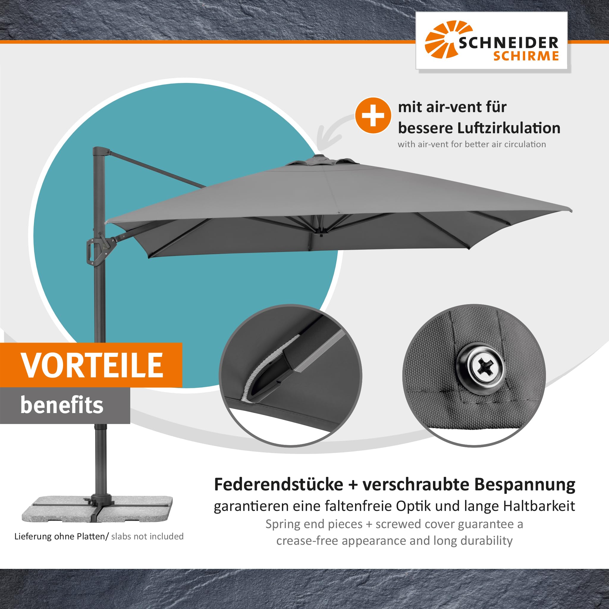 Schneider Ampelschirm TAVO 400 x 300 cm – UV-Schutz, 360° drehbar, neigbar, air-vent, lichtecht, inkl. Plattenständer & Schutzhülle – anthrazit/natur