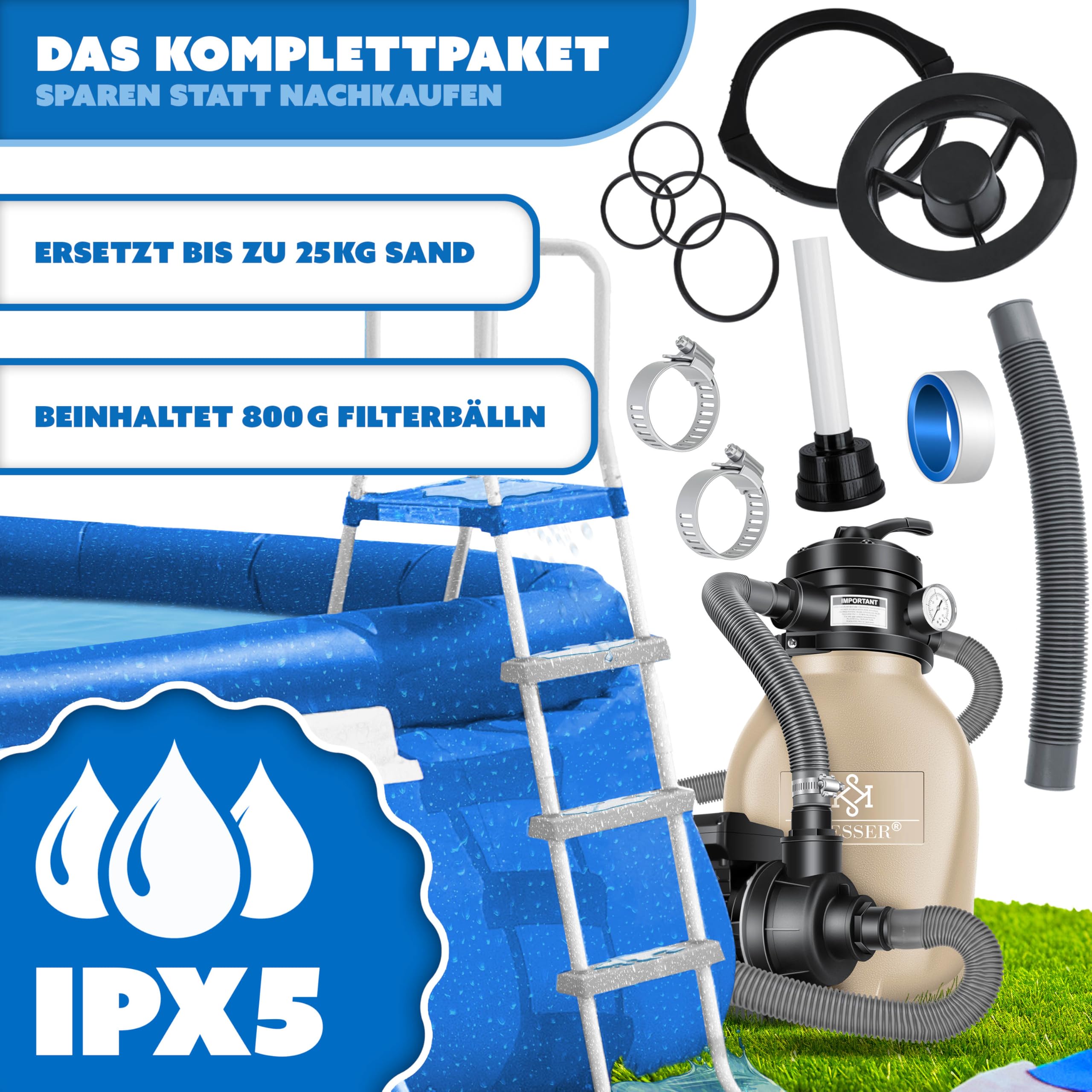 KESSER® Sandfilter Sandfilteranlage + 800g Filterbälle ersetzen 25kg Filtersand-Poolfilter 10 m³/h Filteranlage Filterkessel für Pool Schwimmbecken 4-Wege Ventil, einfache Steuerung, Inkl. Cover,Sand
