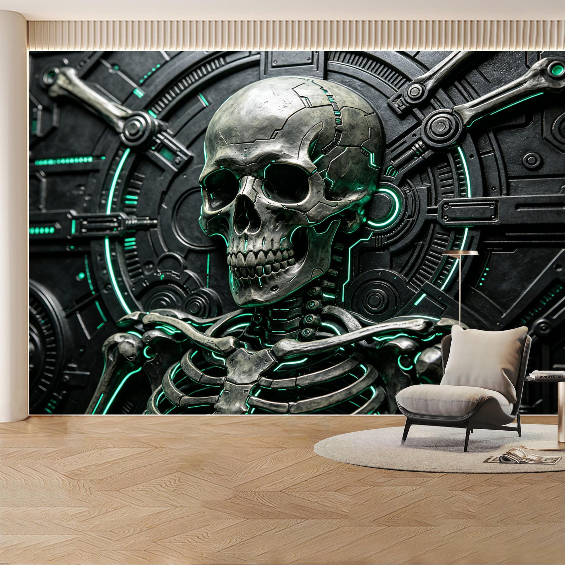 Custom Wall Mural Wallpaper Cyberpunk Skeleton 3D Effect Modern Wall Decor Futuristic Metallic Mural Design Industrial SciFi Style Removable SelfAdhesive Large Photo for Living Room， Bedroom， Office