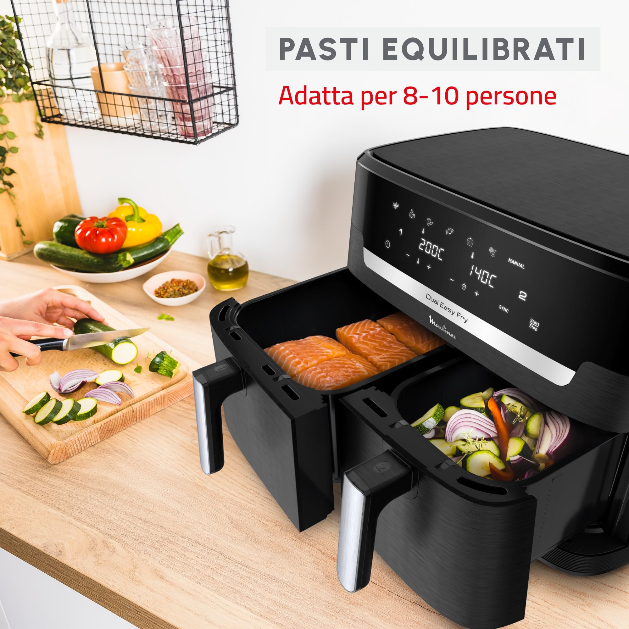 Moulinex Dual Easy Fry XXL, Friggitrice ad Aria 11 Litri, Doppio Cestello Antiaderente Lavabile in Lavastoviglie, Basso Consumo Energetico, 7 Modalità, App Ricette, Colore Nero, EZ9428