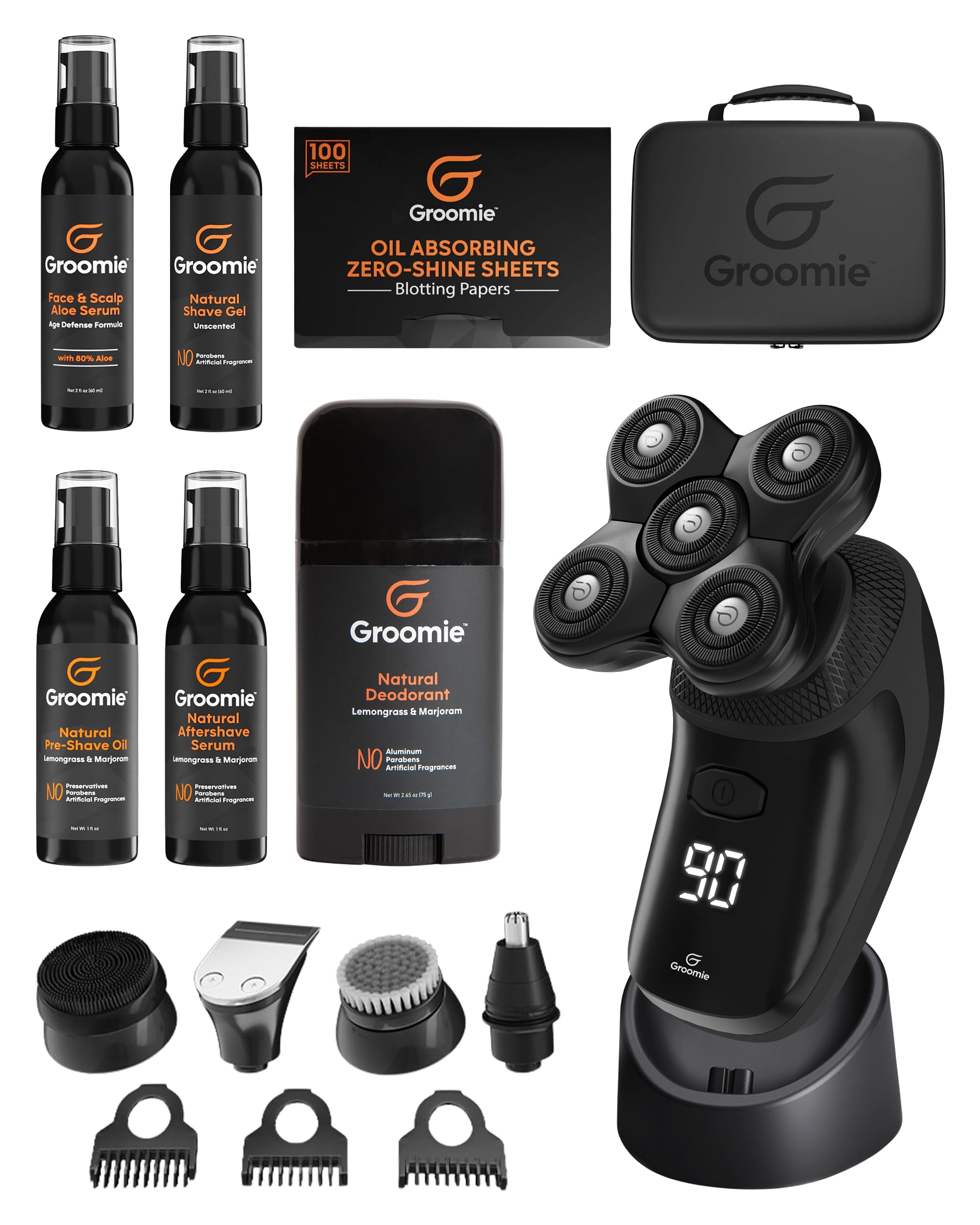 Groomie Mens Grooming Bundle - BaldiePro Electric Head Shaver for Bald Men Includes Travel Case Charging Dock Accessory