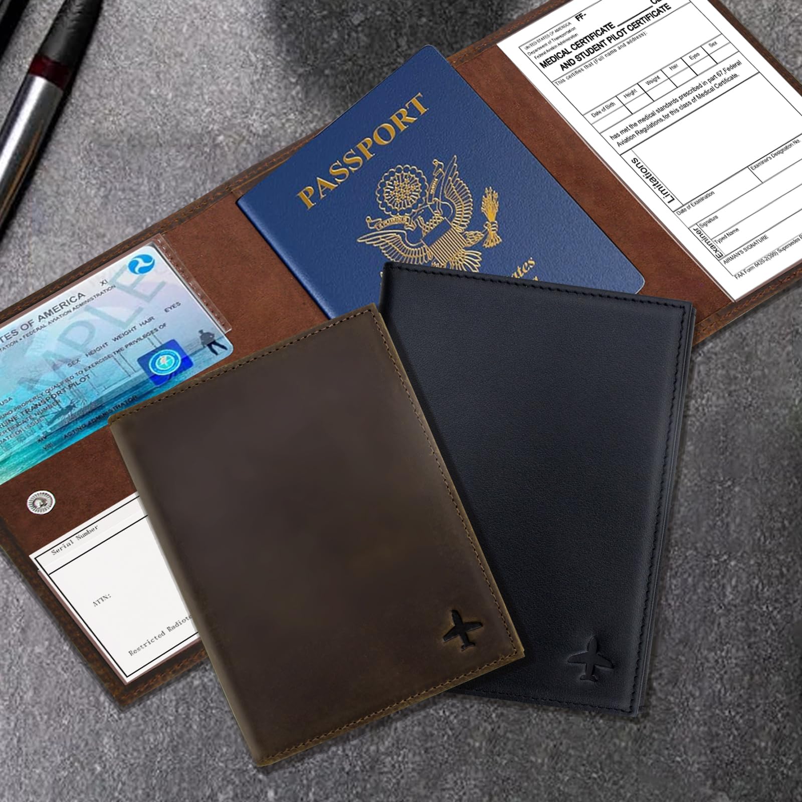 Billetera Pilot - Cartera para pasaporte, accesorios de piel para pasaporte, color negro, Negro -, Billetera Pilot - Soporte para pasaporte 6