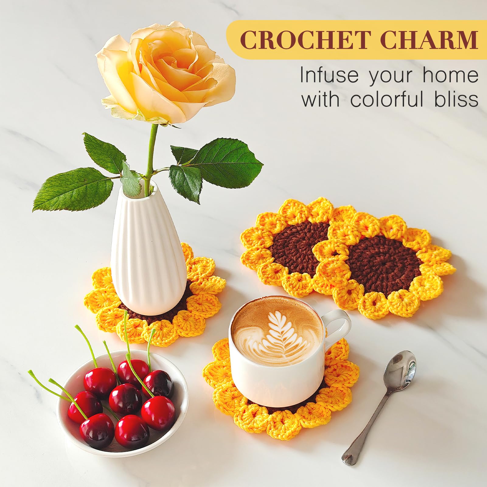 kilofly Set di 4 sottobicchieri all'uncinetto a forma di girasole per bevande, 13 cm, centrini fatti a mano