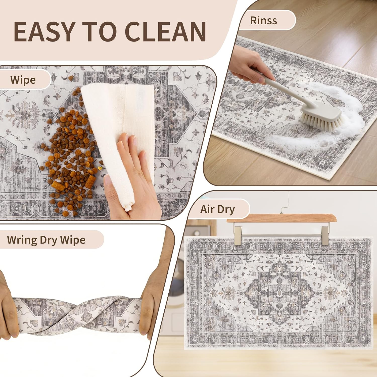 Boho Dog Feeding Mat, Absorbent Cat Matt for Food, Non Slip Pet Water Bowl Placemat Small for Floor, Beige & Charcoal & Brown Indoor Dog Eating Dish Mat 16"x24"