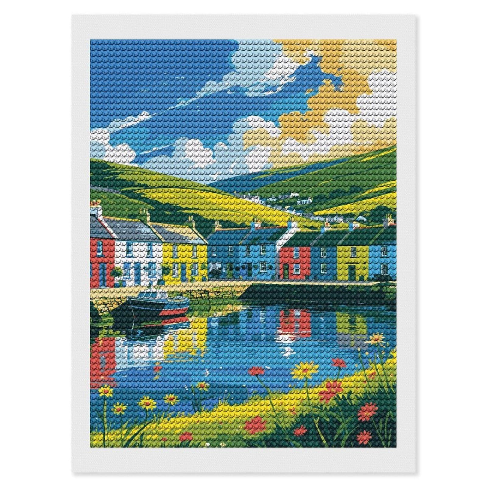 Junmoney Colorful Coastal Village Scene Illustration Diamond Art Kit 12"x16", Holiday Gift Idea, for Women, Easy Handmade Project, Vintage Style Decor, Printed Canvas