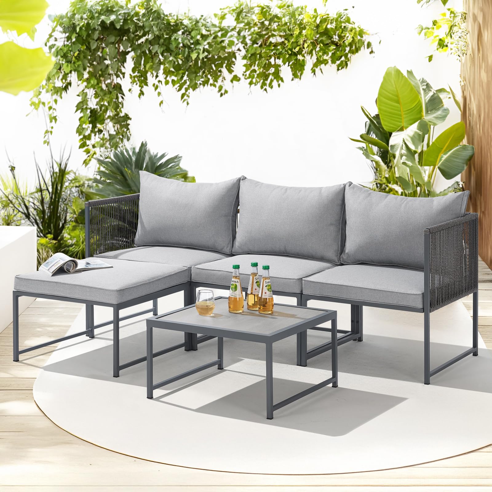 SVITA Detroit Gartenmöbel Set Polyrattan Lounge Modular Ecksofa Chaiselongue Tisch Flexibel als 3 Sitzer oder Sessel 2 Sitzer Inklusive Kissen Grau