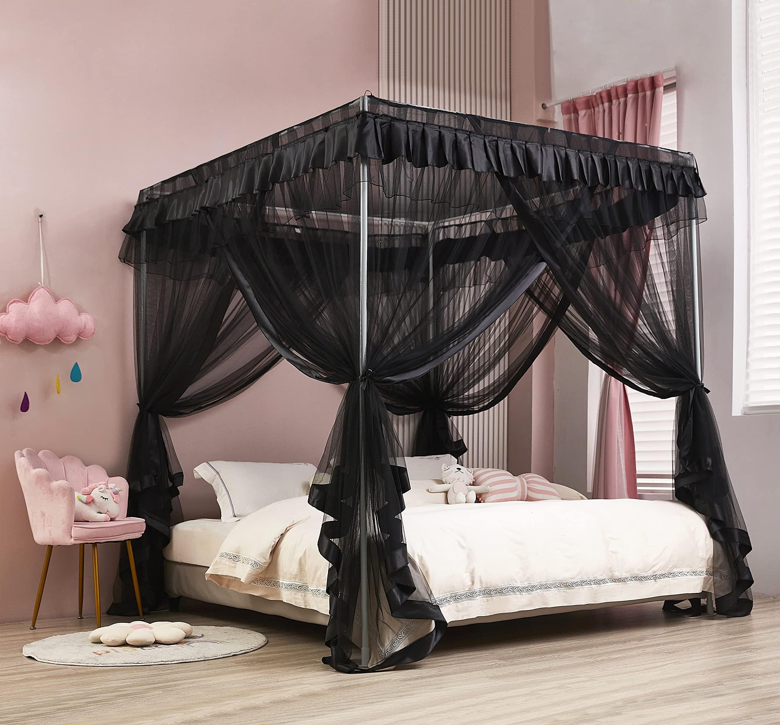 Simple 4 Corners Post Canopy Bed Curtains Bed Drapes (Twin XL, Black)