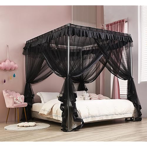Mengersi Black Elegant 4 Corners Post Canopy Bed Curtains Mosquito Net Bed Drapes Full Size