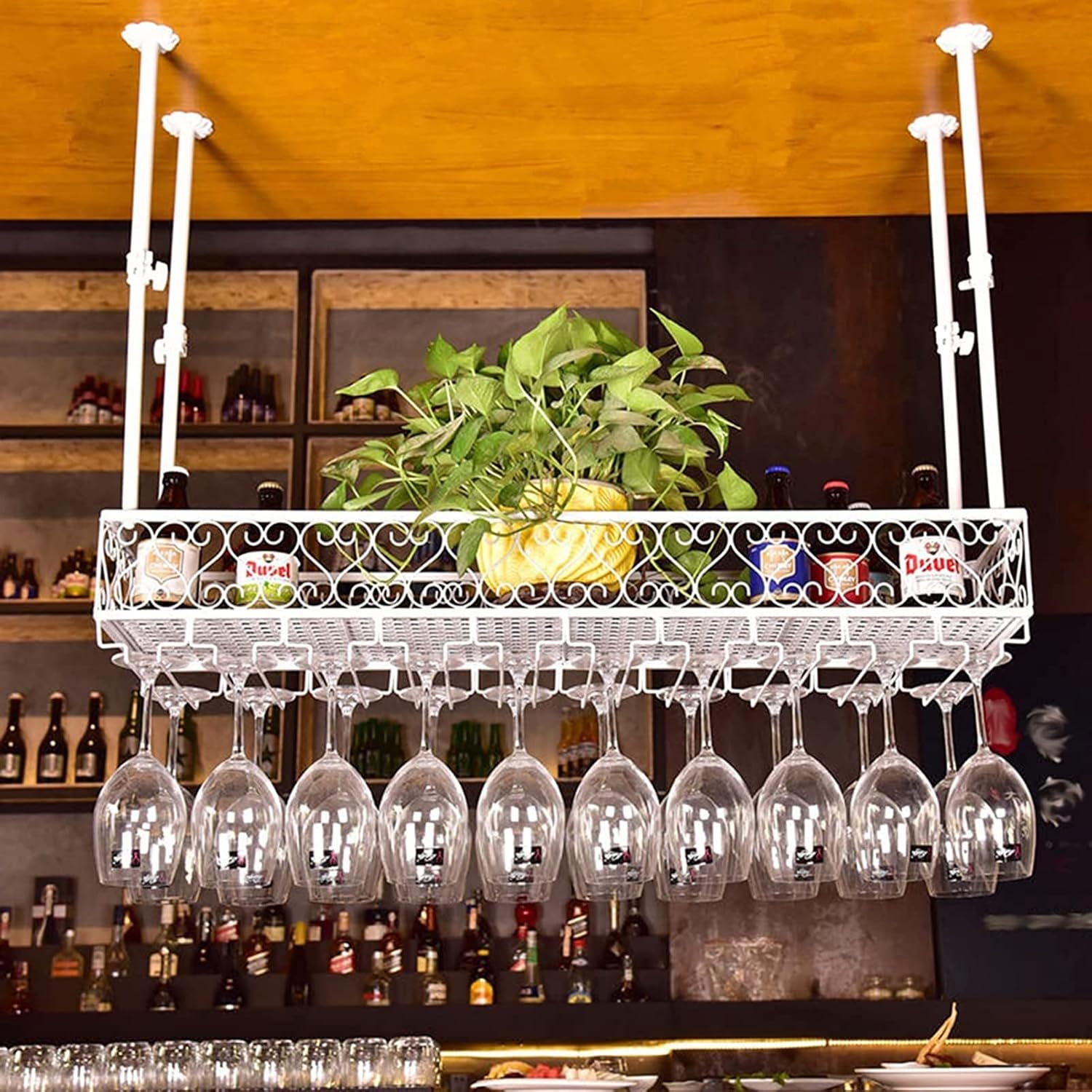 Ceiling Wine Glass Rack Ceiling Iron Wine Rack,Adjustable Height,Industrial Metal Wine Bottle Holder,White Stemware Holder,Restaurants/Bars/Home Decorative Storage Shelf