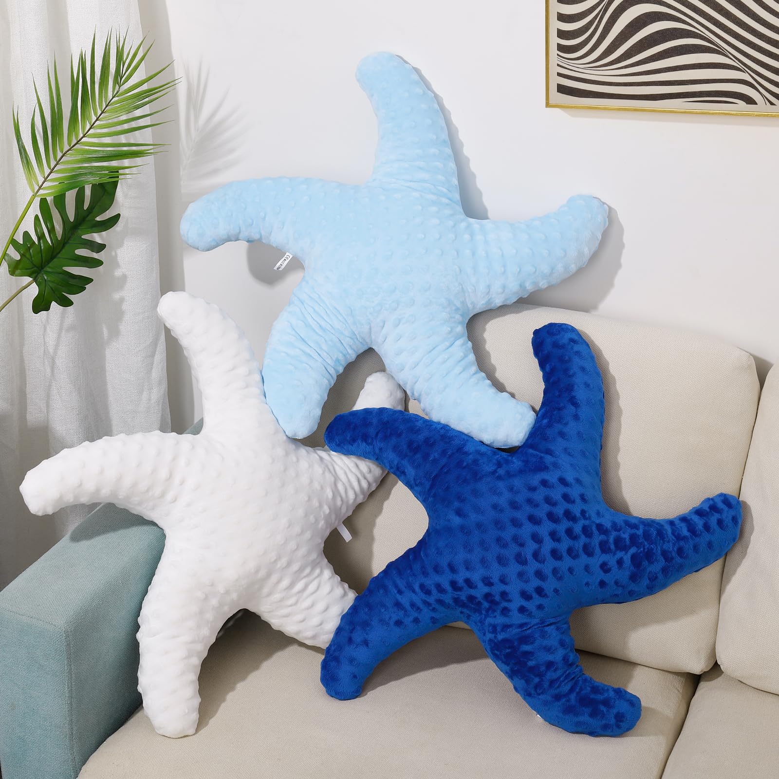 Marble Empire Starfish Pillow for Couch and Bed, 3-Piece Set of Coastal Decor Throw Pillows in White, Blue, Navy, Ocean Beach Theme Living Room Accent