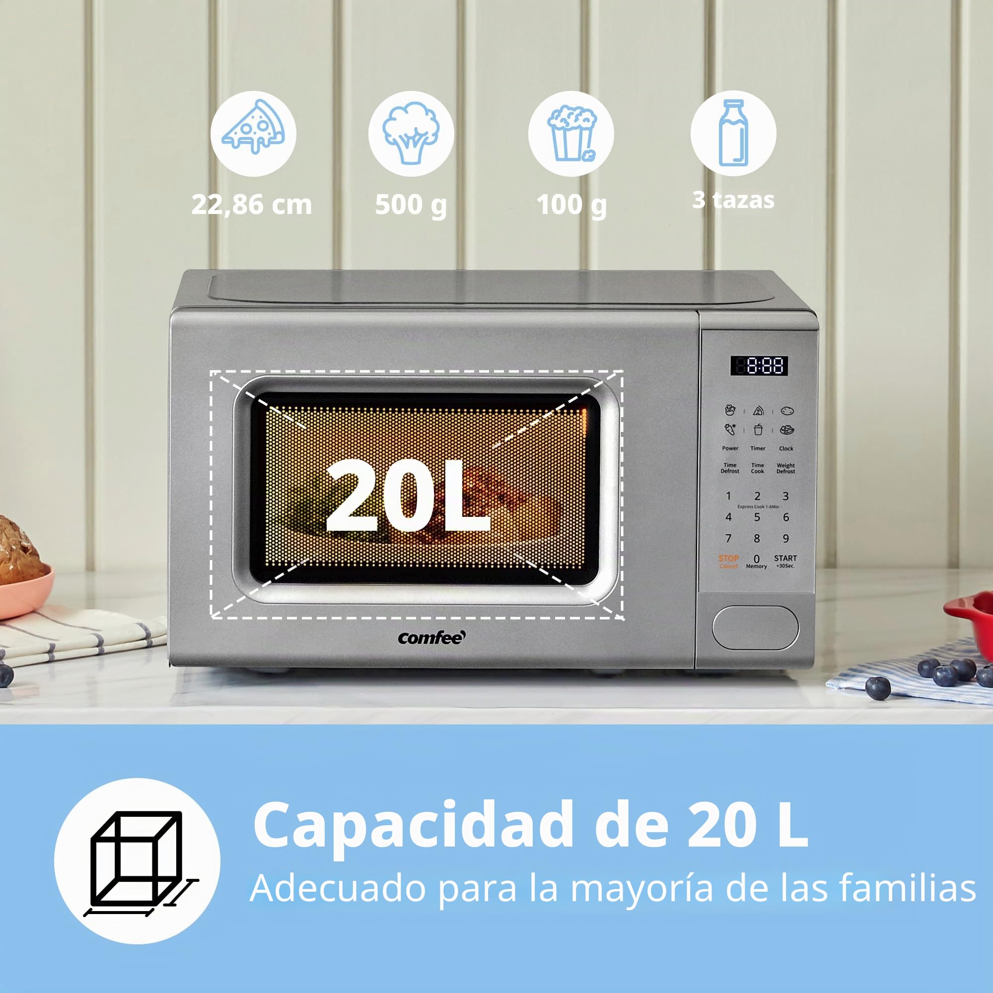 COMFEE Microondas retro 800 W 20 L con 8 menús preestablecidos, 5 niveles de potencia de cocción y botón Express Cook, rojo, CMSRO 20 di rd