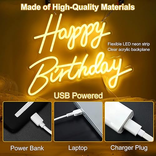 Miniatura 5 de Aslanka Letrero de neón de feliz cumpleaños, letreros de neón LED para decoración de fiestas, letrero de luz de neón HBD alimentado por USB para