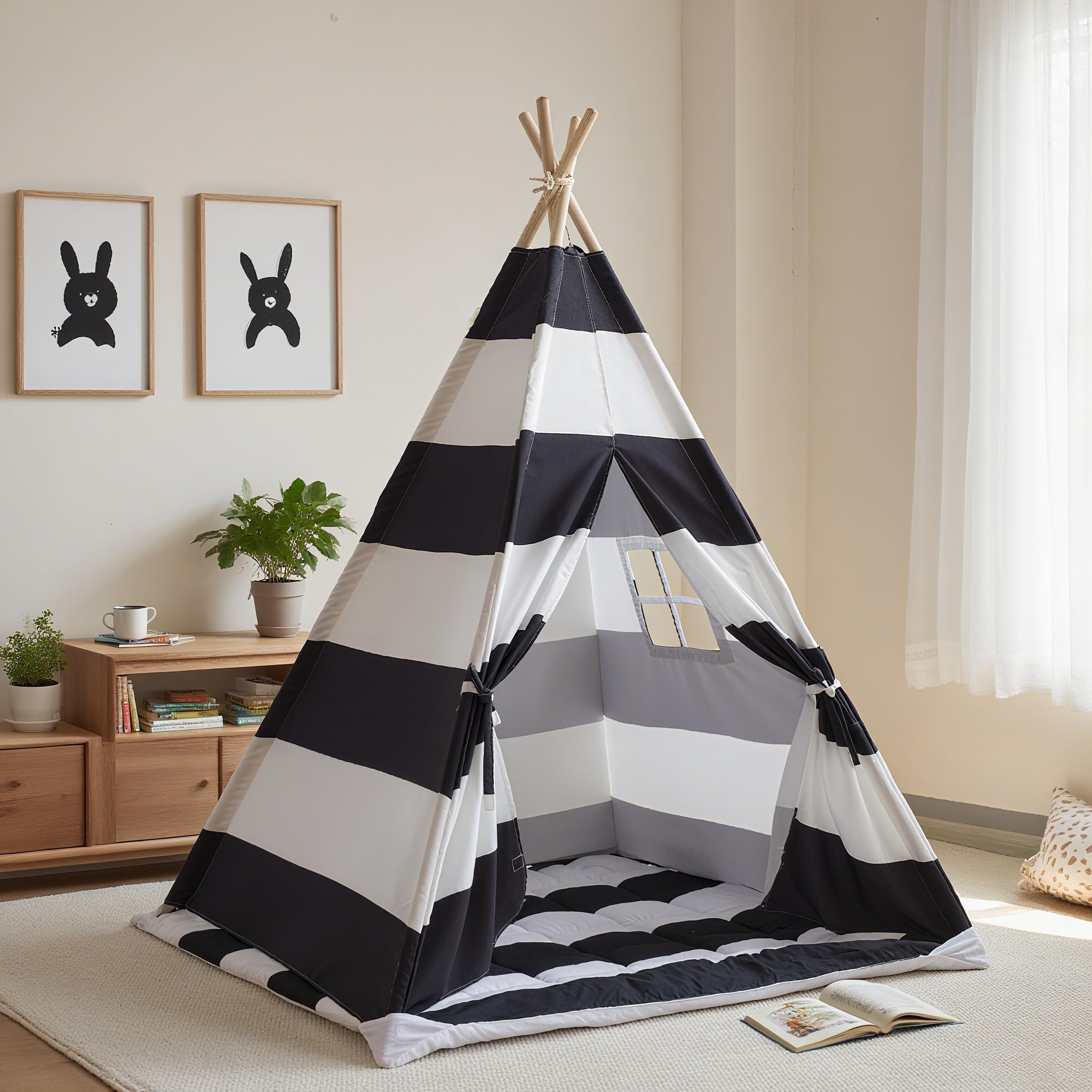 xiaowantong Teepee Tent for Kids with Padded Mat, Lights, and Carry Bag, Washable Playhouse for Indoor Use, Ideal Play Tent for Girls and Boys, Stripe