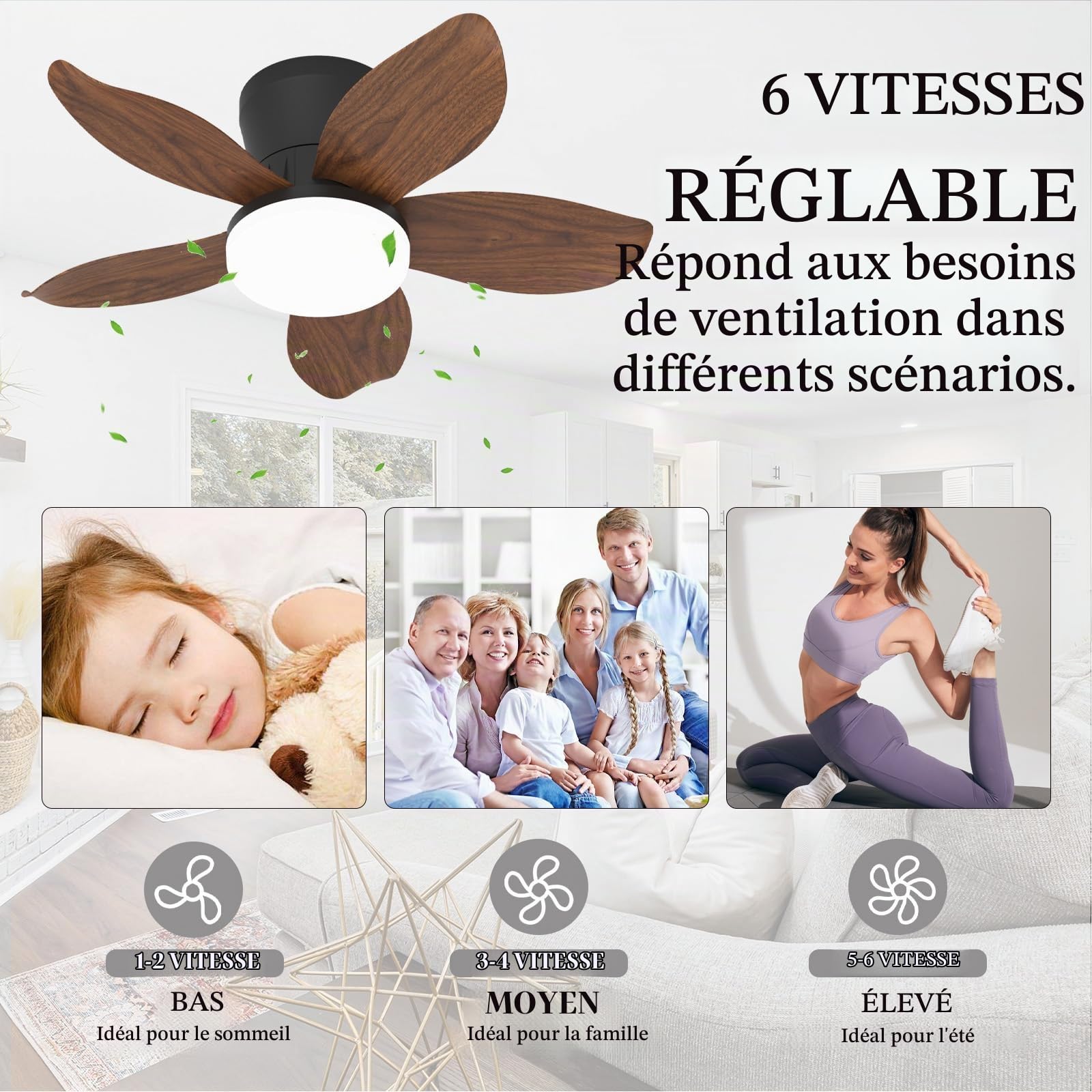 Moderne Petit Lustre Ventilateur De Plafond LED Avec Telecommande APP, 6 Vitesses Moteur DC Réversible Eté Hiver 3 Pales Ventilateur Silencieux Plafond Pour Chambre/Salon-Brown Wood Grain