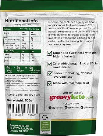 Monk Fruit Decoction & Erythritol Sweetener Blend by Groovy Keto | Real Monk Fruit Decoction Infusion | 1:1 Sugar Replacement | Zero Calorie Keto Sweetener | Natural Sweetener | Granulated (500g)