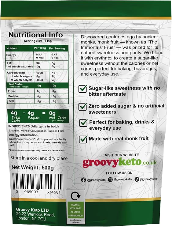Monk Fruit Decoction & Erythritol Sweetener Blend by Groovy Keto | Real Monk Fruit Decoction Infusion | 1:1 Sugar Replacement | Zero Calorie Keto Sweetener | Natural Sweetener | Granulated (500g)
