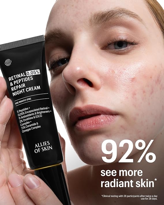 Allies of Skin Retinal 0.05% Peptides Repair Night Cream | 7% Ceramides & Omegas Complex Boost Hydration | Gentle Daily Treatment for Wrinkles, Fine Lines and Uneven Tone | 1.6 fl oz