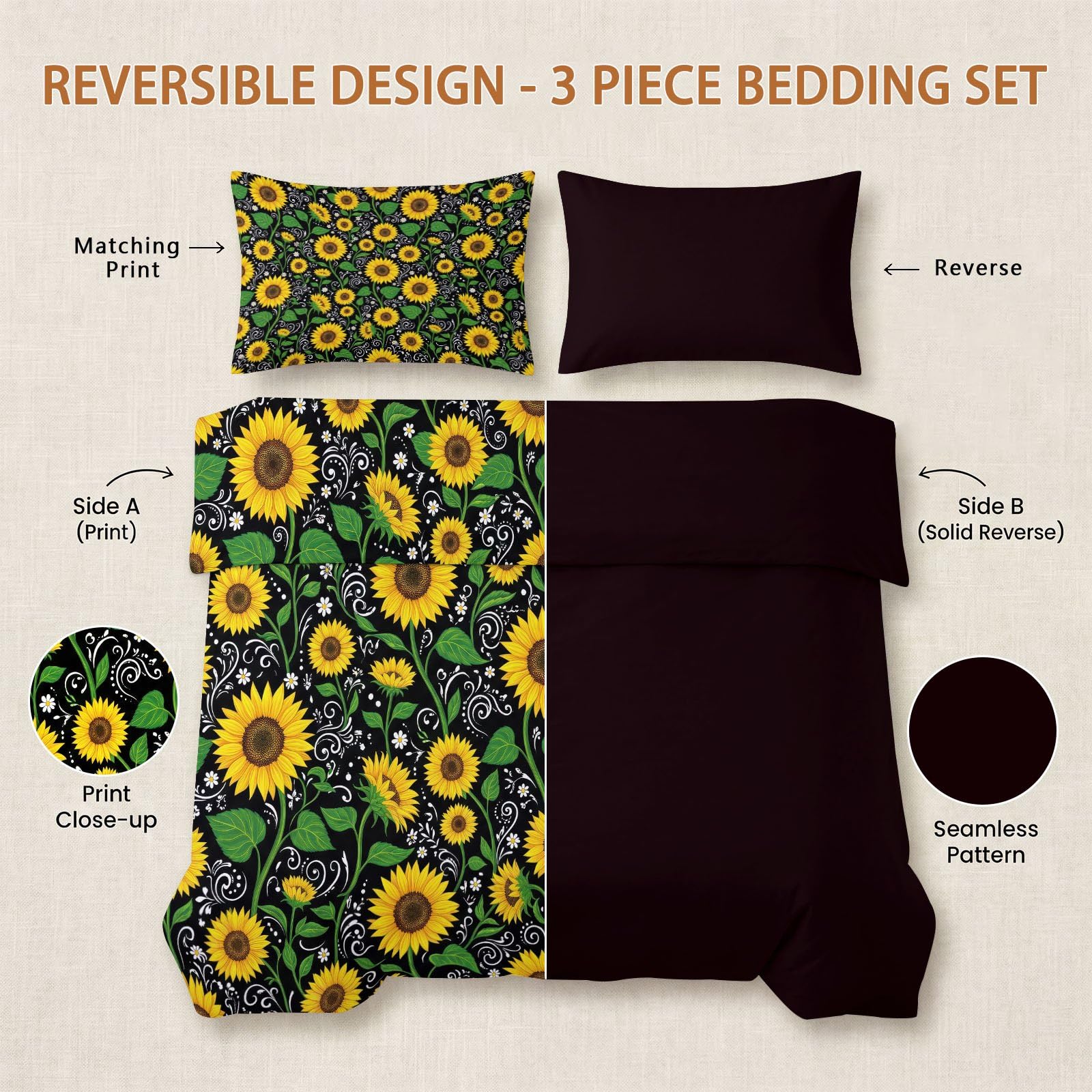 Set copripiumino reversibile, motivo piante girasole foglie onde, morbido e facile da pulire, in microfibra, con stampa rustica, matrimoniale, confortevole, per ragazze, bambini e adulti, nero