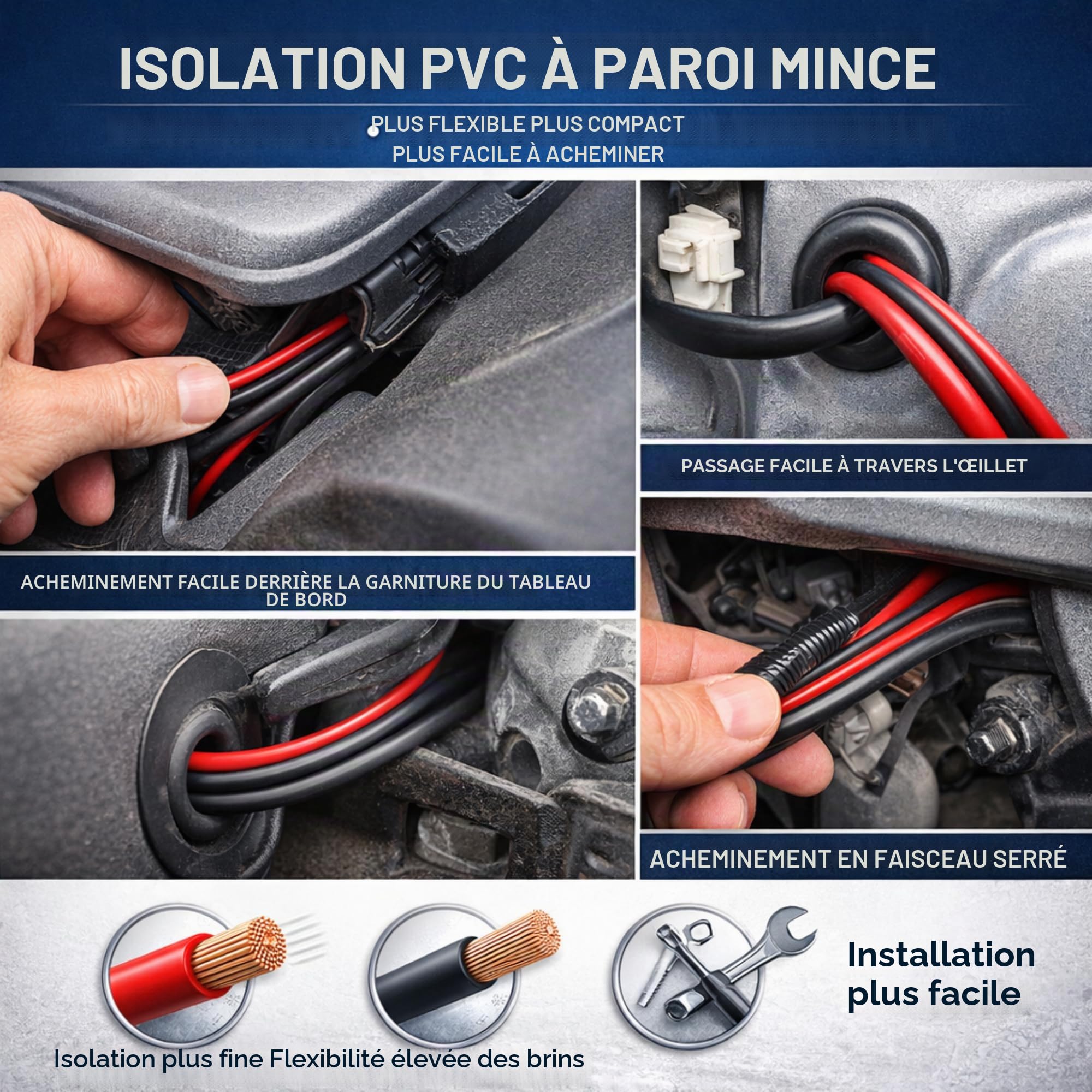 MKGT Câble en PVC à paroi mince pour automobile - 6 mm² - Rouge et noir - Fil de cuivre toronné - 12 V 24 V 50 A - Câblage solaire pour caravane (10 AWG) - 5 m chacun (rouge et noir)
