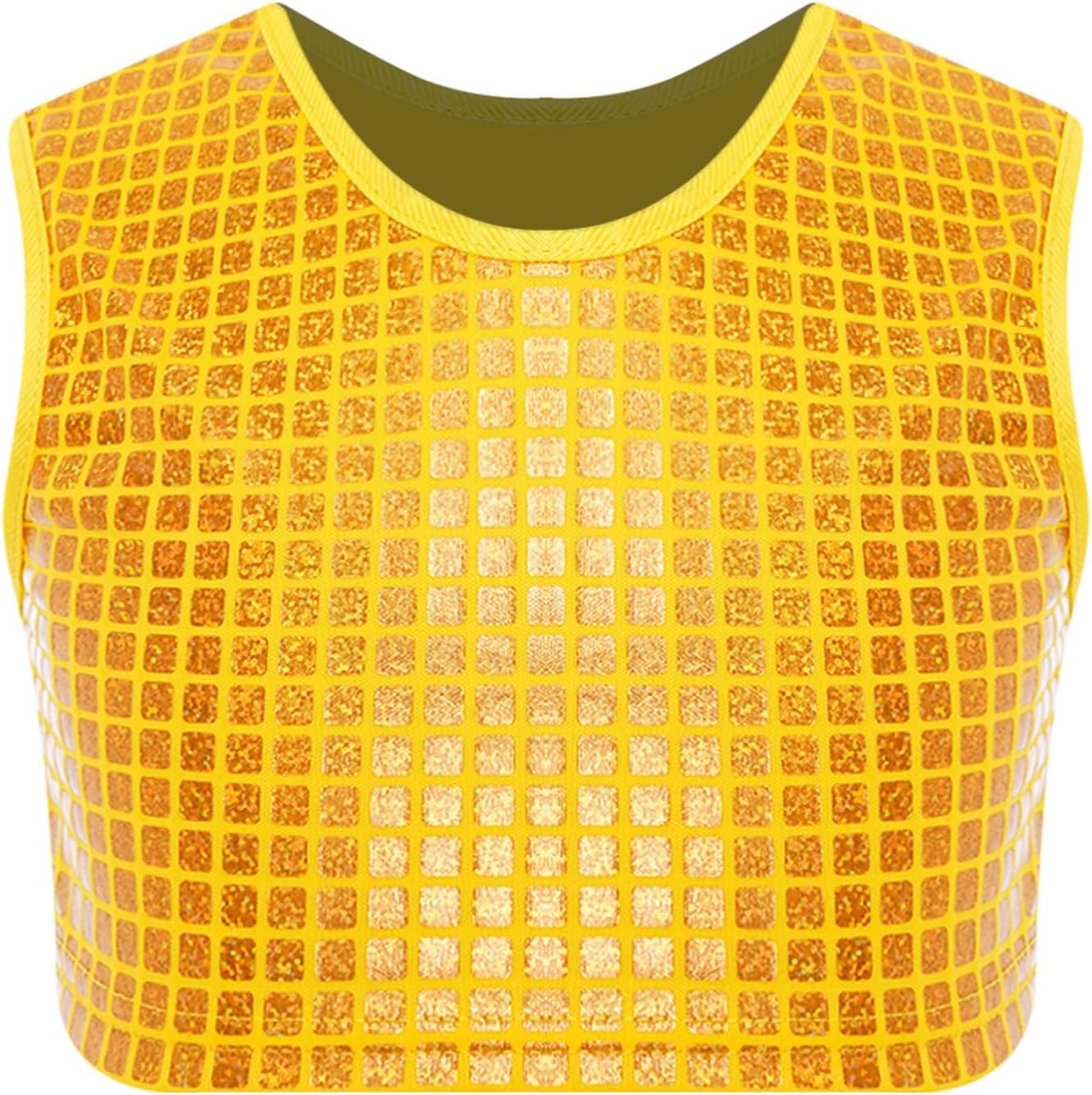 Kids Girls Dance Sports Training Exercise Workout Cami Metallic Plaid Jazz Dance Crop Top Round Neck Sleeveless Vest