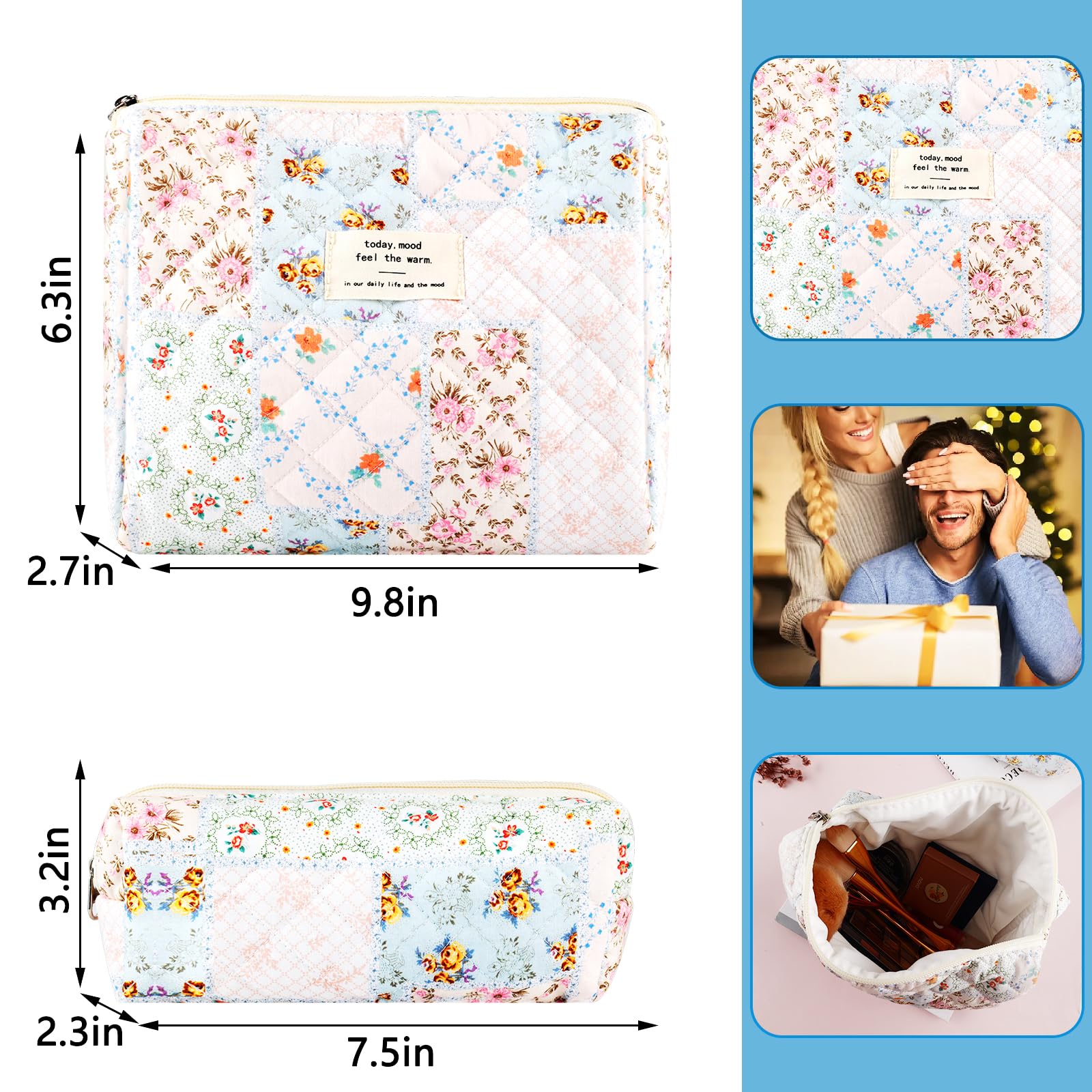 2Pcs Quilted Cotton Makeup Bag Large Travel Makeup Pouch Small Brush Holder Set for Women Cute Floral Coquette Makeup Bag Aesthetic Cosmetic Bag Flower Bee Toiletry Organizer Storage Bag Zipper Pouch