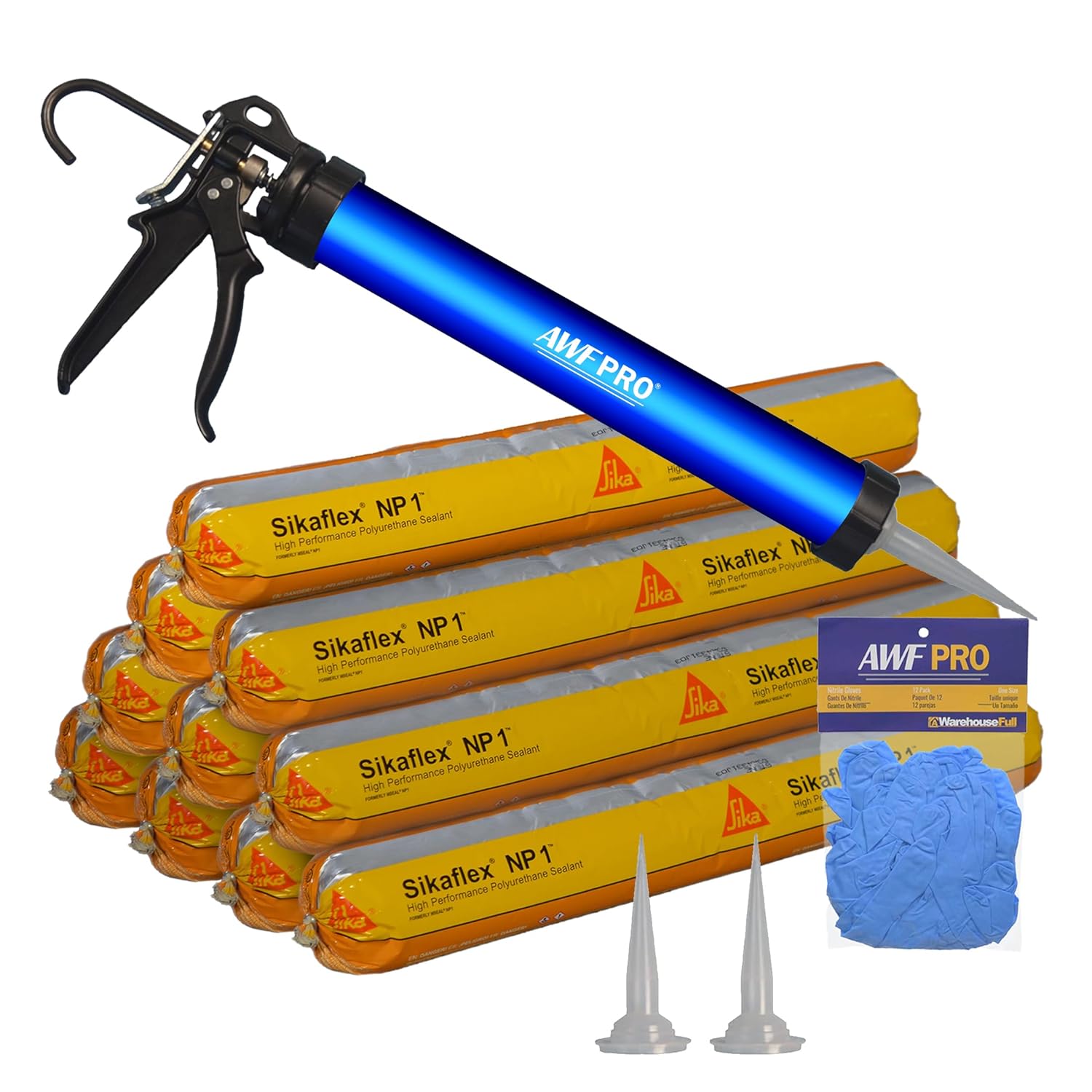 Sikaflex NP1 20oz Polyurethane Sealant (Pack of 10, Aluminum Gray) with AWF PRO Convertible Sausage Caulk Gun 12:1 Thrust Ratio