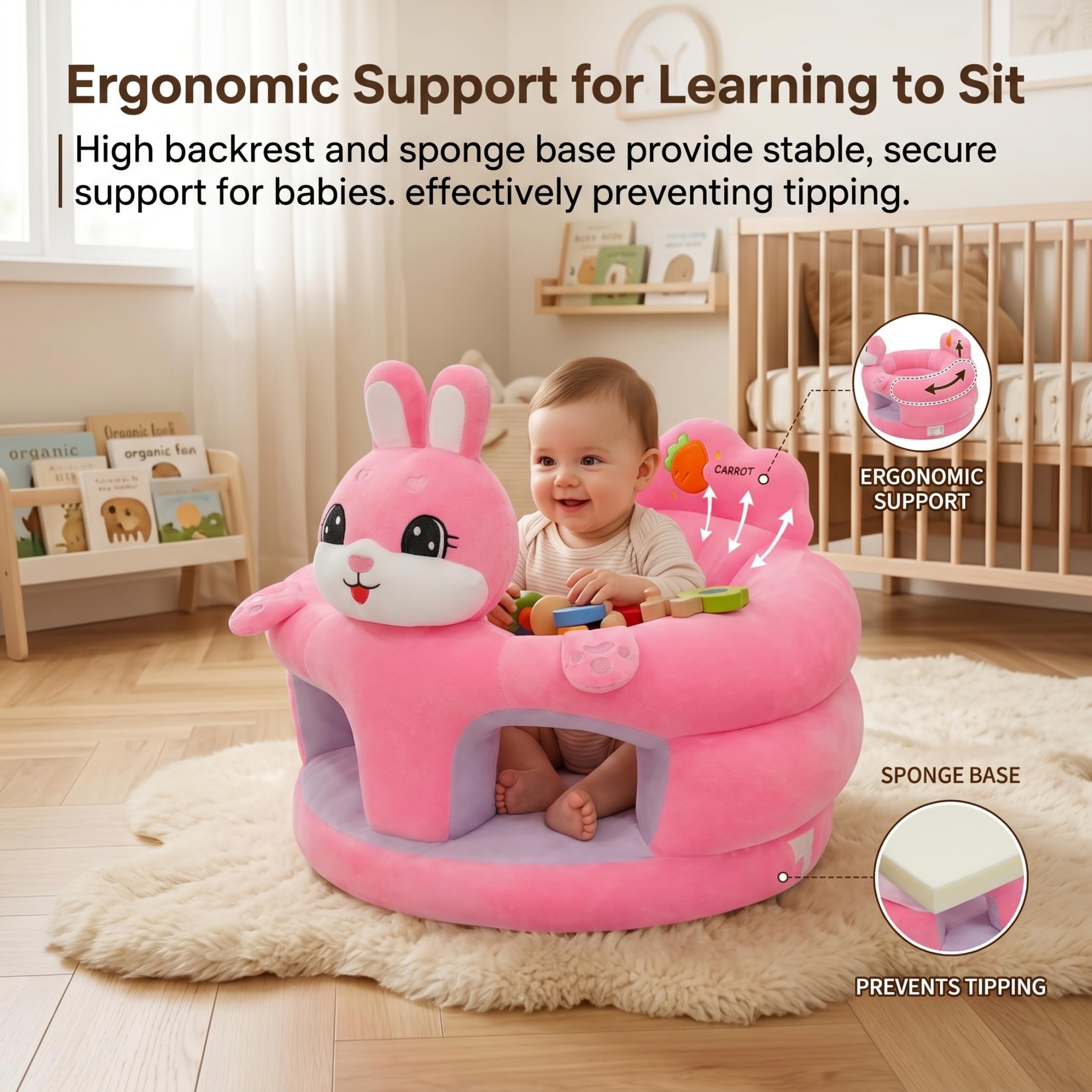 Meubles pour enfants, chaise assise pour bébé, siège au sol Sit Me Up pour bébé, chaise assise portable avec support ergonomique et tissu en peluche doux, motif lapin pour nourrissons de 3 à 12 mois