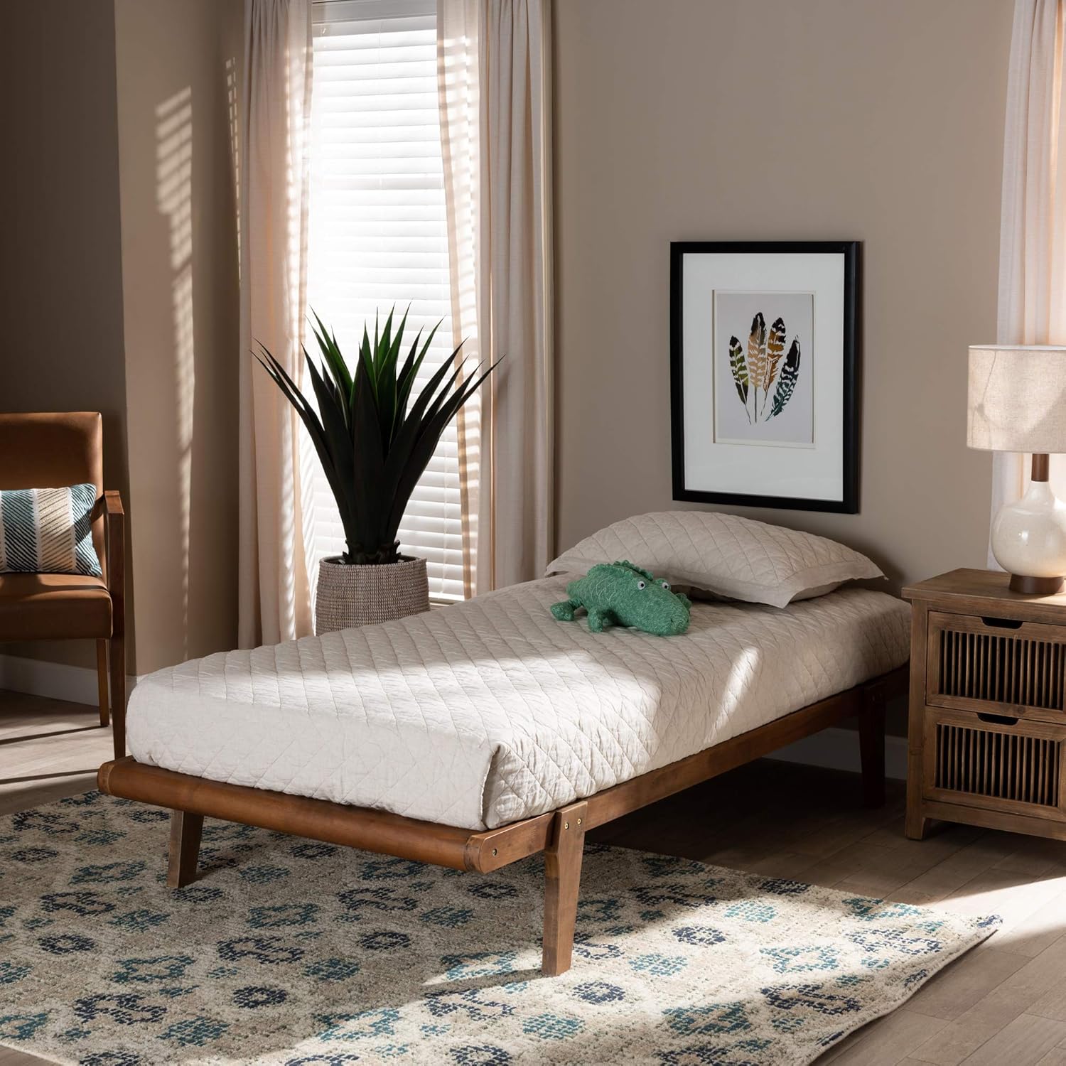 Baxton Studio Kaia Mid-Century Modern Walnut Brown Finished Wood Twin Size Platform Bed Frame