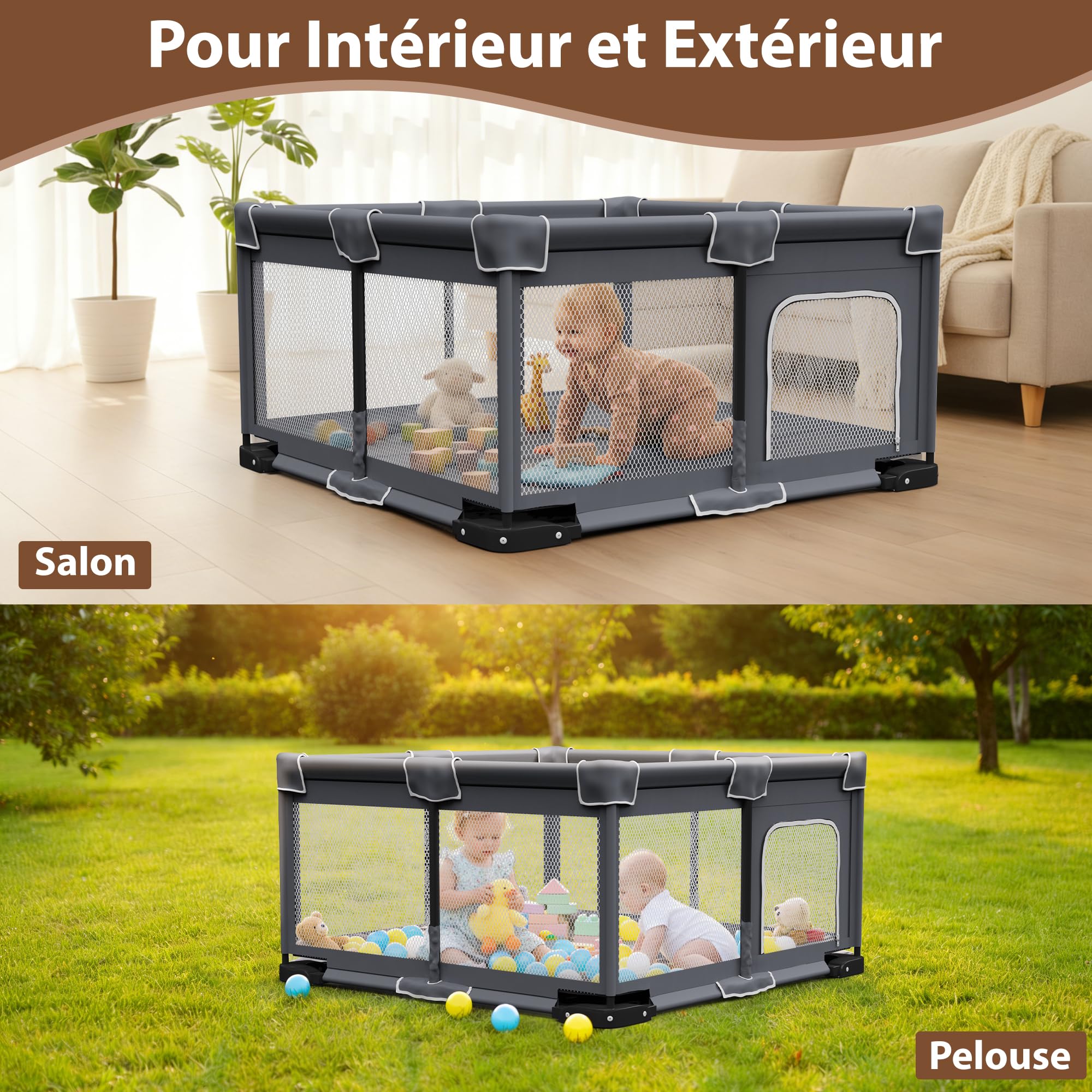 Parc Bébé Pliable avec Tapis de Sol et Sac de Transport, Parc Enfant 124 × 124 cm, Parc de Jeux Bébé, Installation Sans Outil en 1 Minute, Pour Intérieur et Extérieur