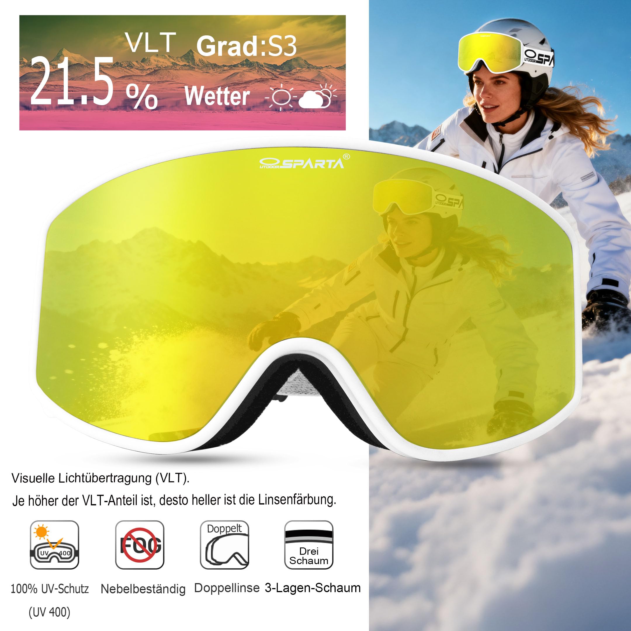 Snowboard Skibrille OTG, magnetische abnehmbare HD Linse/Anti-Fog /100% UV400 Schutz/rahmenlose