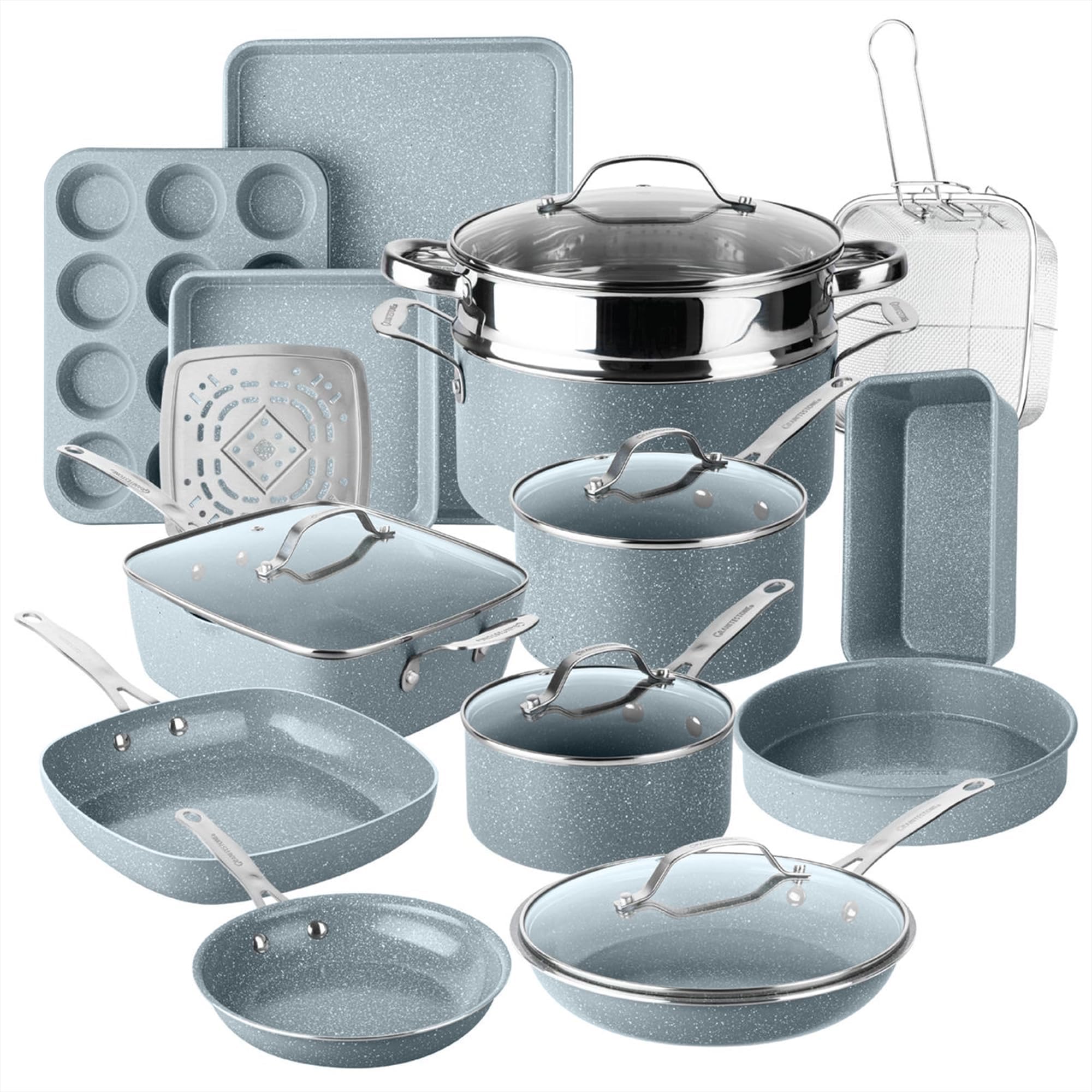 20 Pc Ceramic Cookware Set Nonstick, Complete Pots and Pans Set Non Stick for Kitchen with 5 Pc Bakeware Set, Deep Frying Pan Set, & Steamer, Non Toxic PFOA Free, Oven & Dishwasher Safe