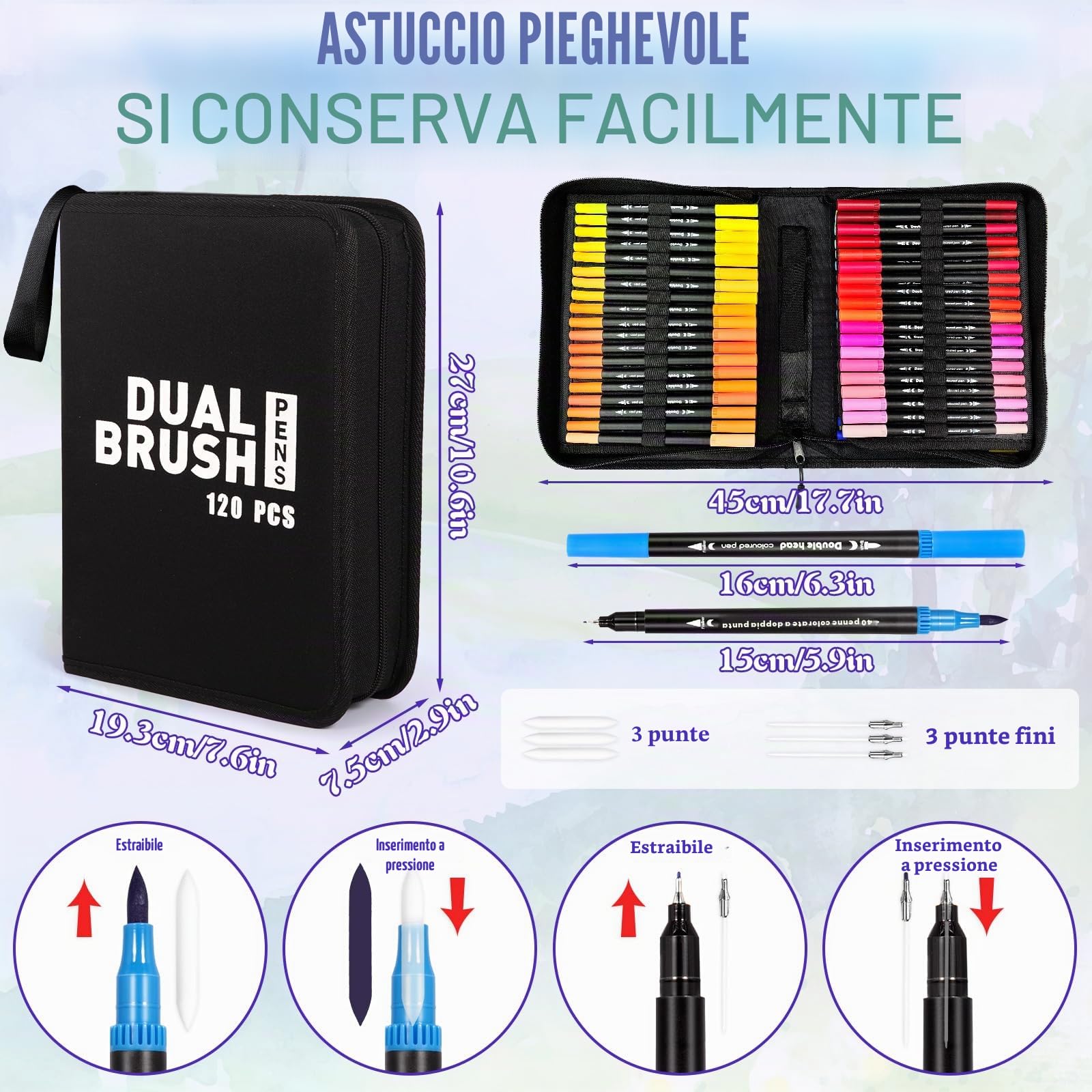 Purpledi Brush Pen Lettering, 120 Colori Pennarelli Doppia Punta Fine e Grossa Pennello, Pennarelli Punta Fine per Artisti, Pennarelli Acquerellabili Pennarelli Doppia Punta per Calligrafia, Dsegno