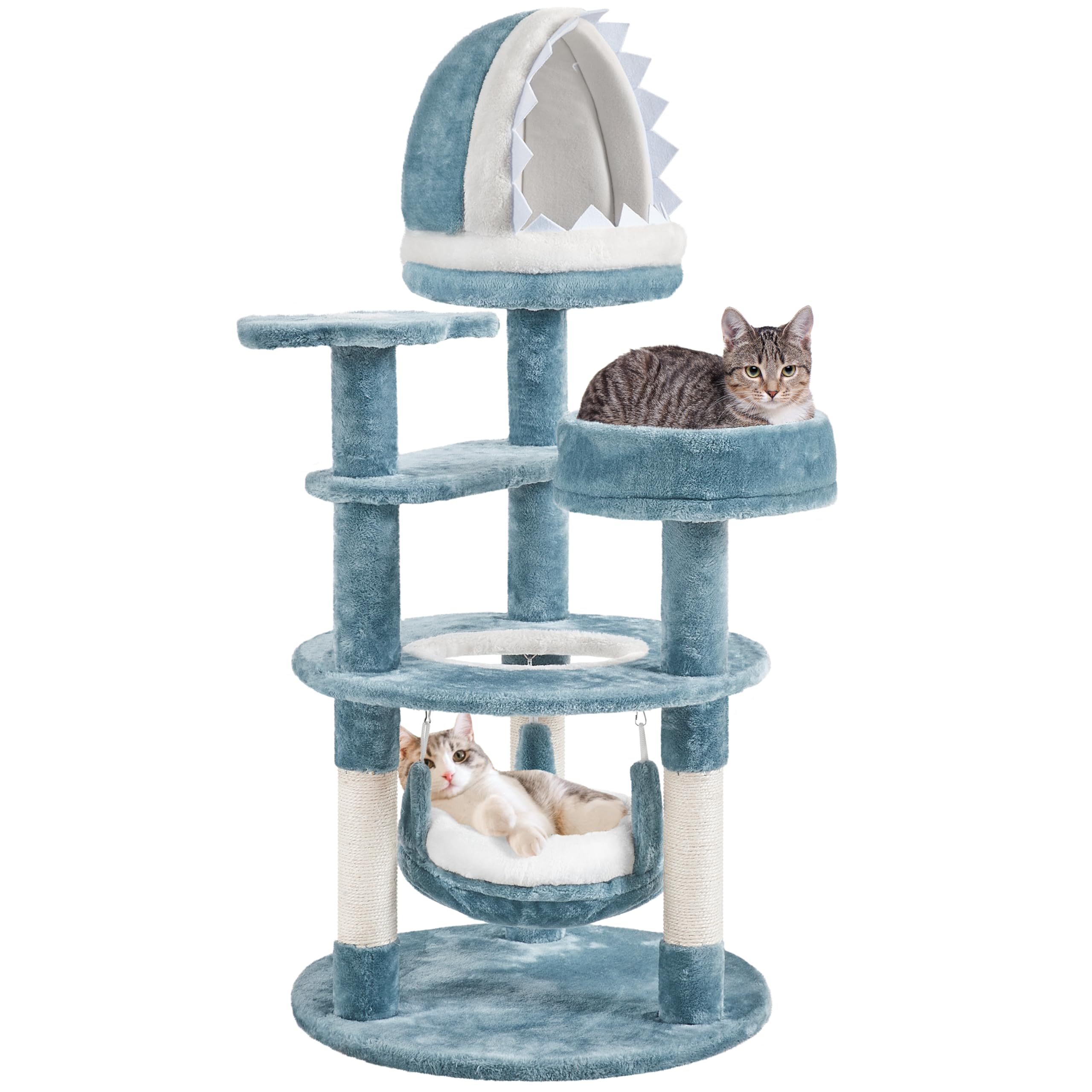 Yaheetech Árbol para Gatos 115cm Rascador para Gato Torre de Gatos con Hamaca Cueva Plataforma Estilo del Océano Azul y Blanco | Torre de peluche con forma de tiburón, con 2 perchas, 1 hamaca, 1 cama para arañar y cuerda de sisal
