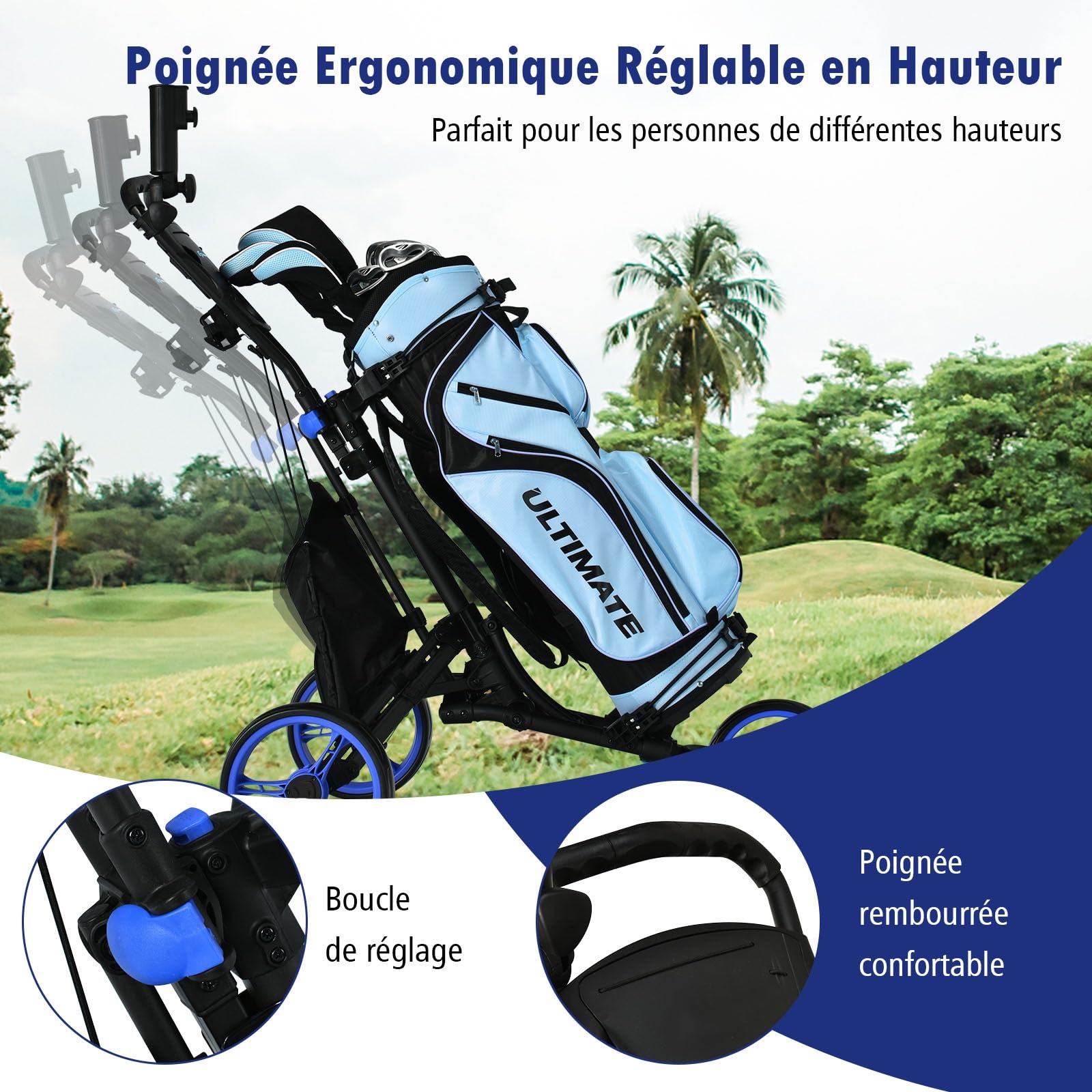GYMAX Chariot de Golf à 3/4 Roues, Caddie de Golf Pliable Manuel, Porte-Sac, Porte-Parapluie, Cadre Robuste en Aluminium Pliable, Poignée Réglable, Tableau d'Affichage, Porte-Boisson