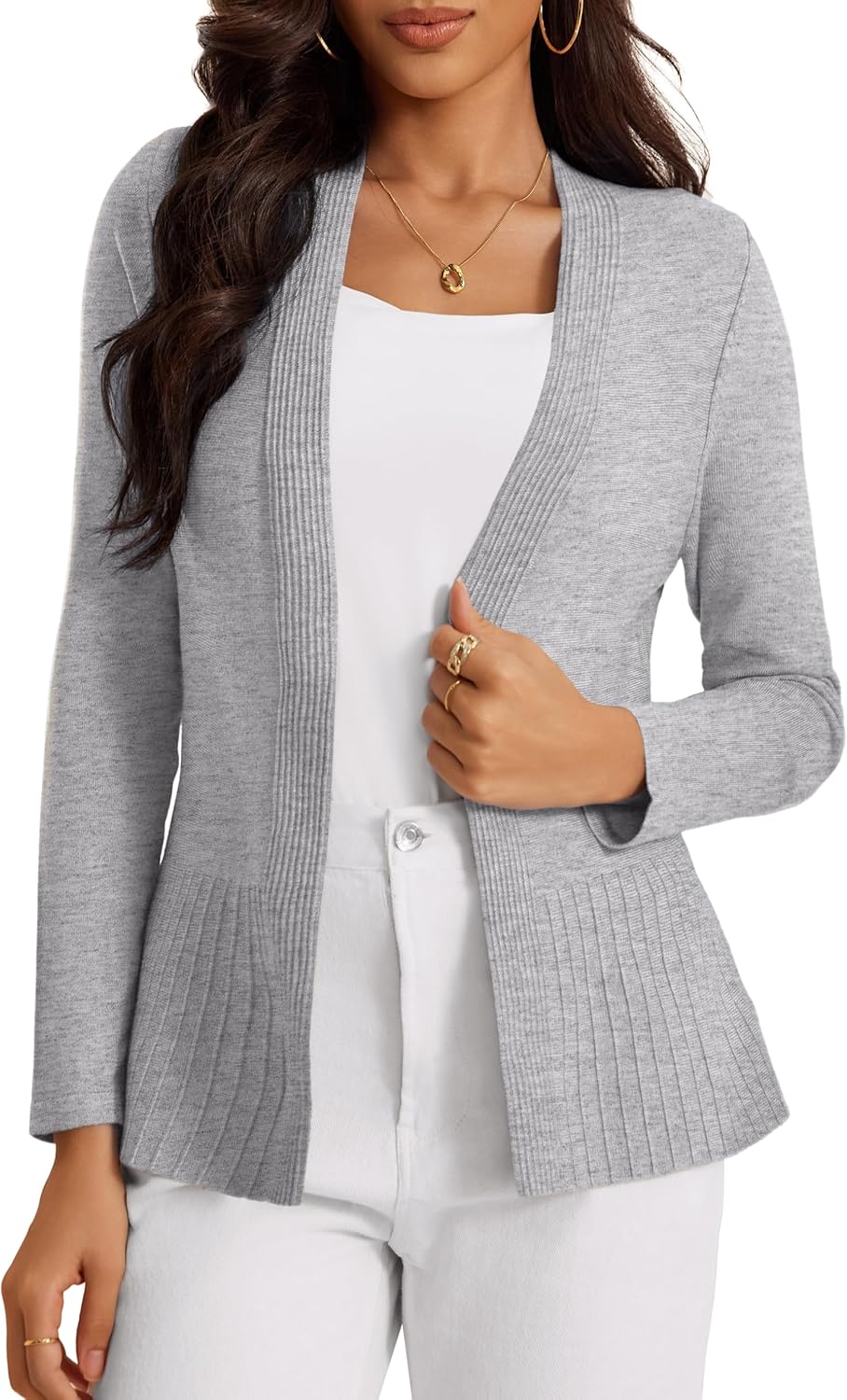Women's Casual Open Front Sweater Long Sleeve Rib Knit Draped Cardigan