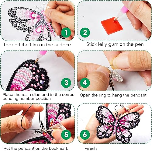 Miniatura 5 de Yeaqee 8 marcapáginas de arte de diamante con diseño de mariposa 5D y colibrí de diamantes con colgante de cristal acrílico, kit de marcapáginas