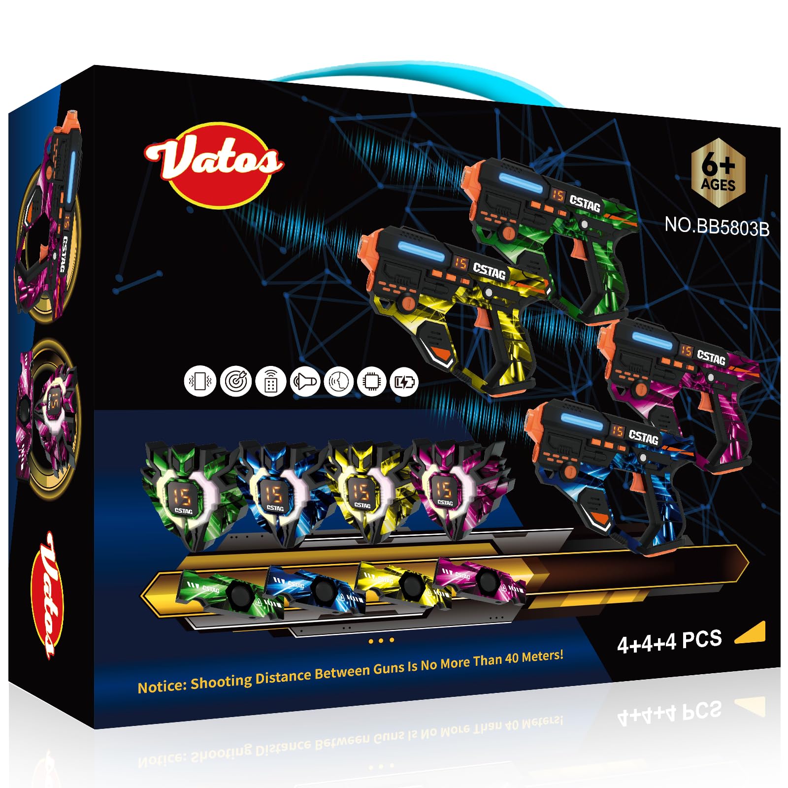 VATOS Wiederaufladbares Laser Tag Set mit 360°Sensoren für 4 Spieler, 2,4 GHz Infrarot Echtzeit Datenanzeige,Familien und Gruppen Spiel für Kinder und Jugendliche Geschenke für Kinder ab 6 Jahren