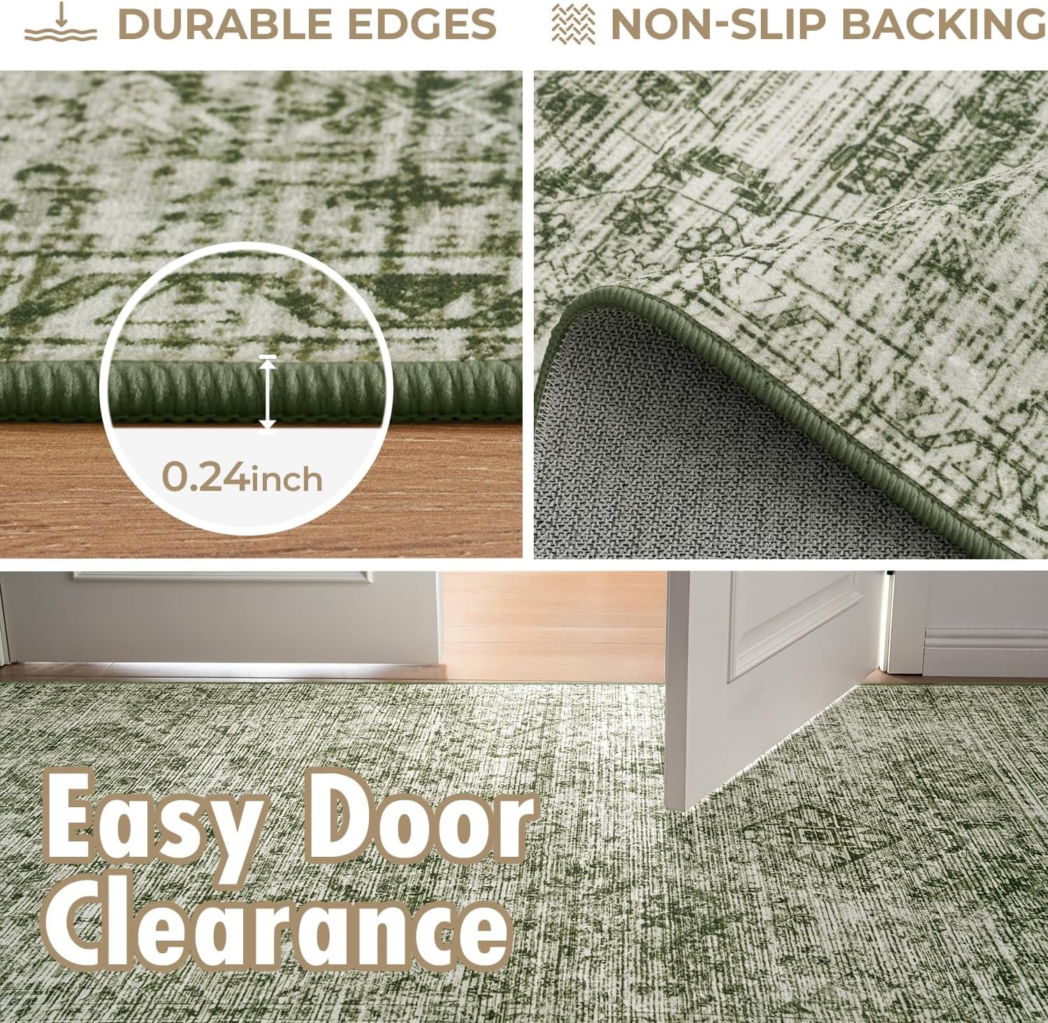 MIULEE 8x10 Vintage Washable Area Rugs Living Room Rug Low Pile Spring Boho Floor Mat for Bedroom Dining Room Under Kitchen Table, Non-Slip Stain Resistant Soft Large Carpet for Home Decor, Green