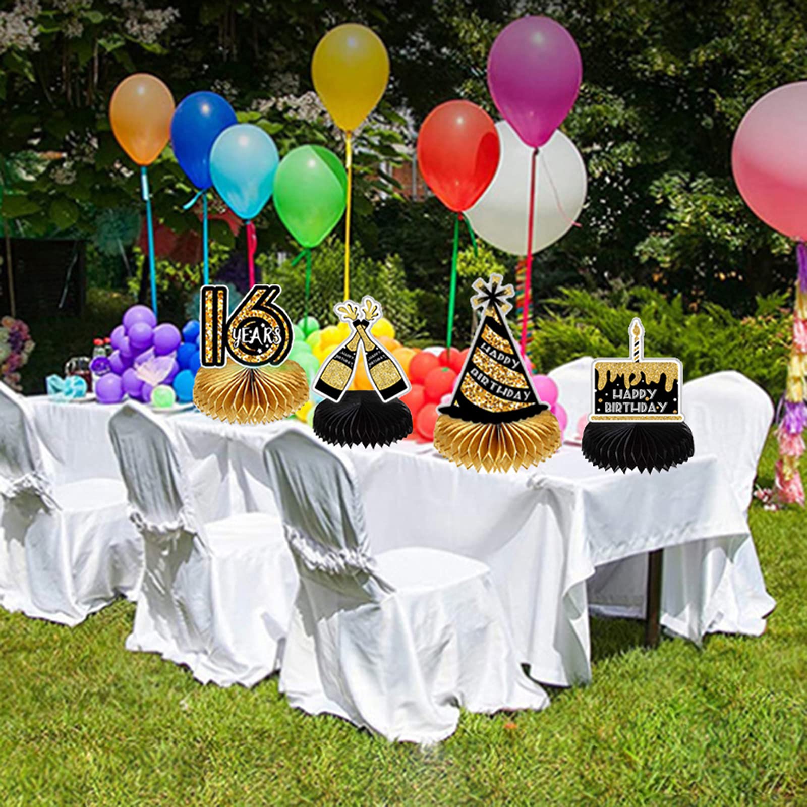 9-Piece "Cheers To 16 Years" Honeycomb Table Centerpieces - Black & Gold 16th Birthday Decorations - View #5