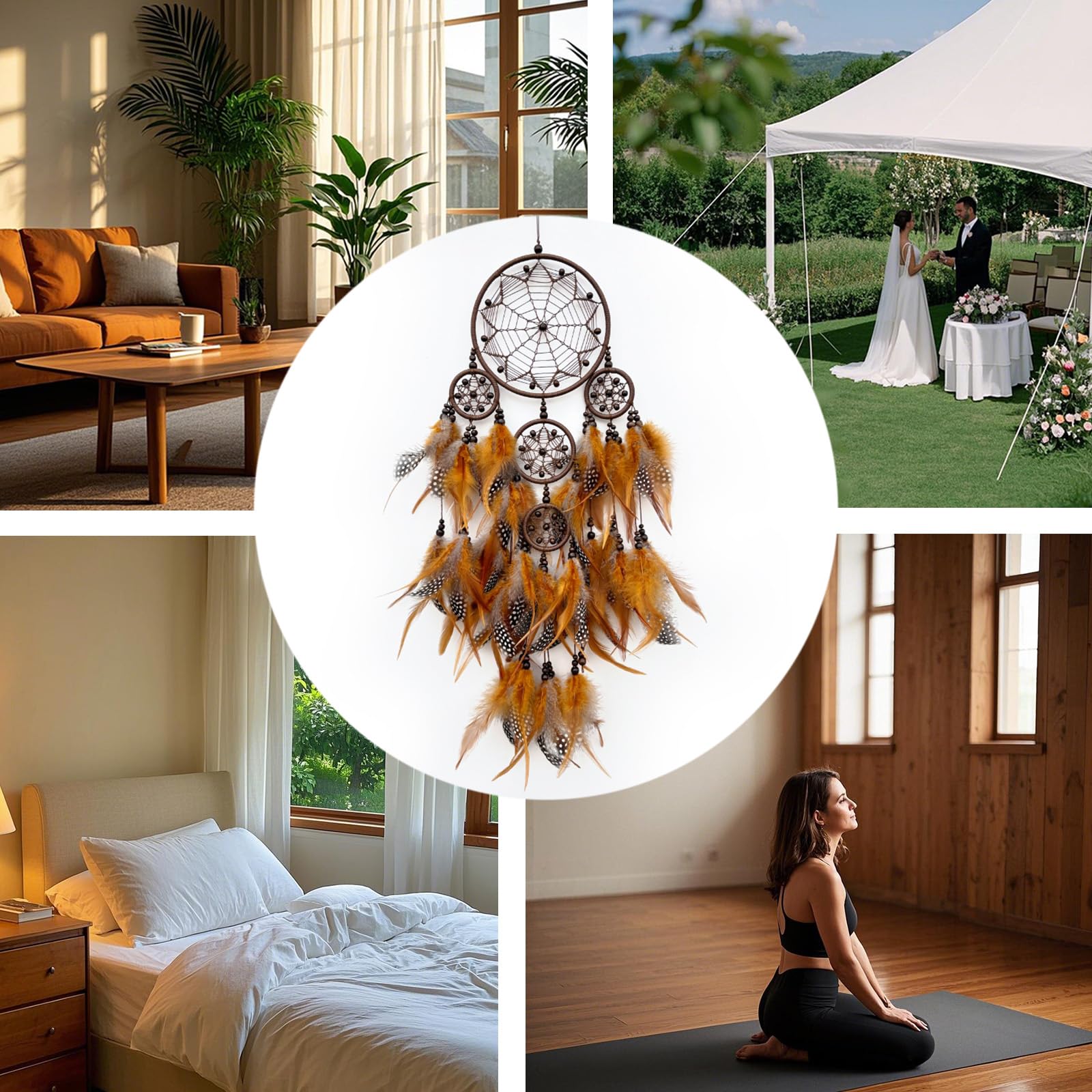 Donko Großer Traumfänger, Wanddekoration, brauner Feder-Traumfänger mit Holzperle, handgefertigter Wandbehang, Ornament für Schlafzimmer, Wohnzimmer, Heimdekoration | Handgefertigt, Wanddekoration, Wandbehang, Ornament, Schlafzimmer, Wohnzimmer, Heimdekor