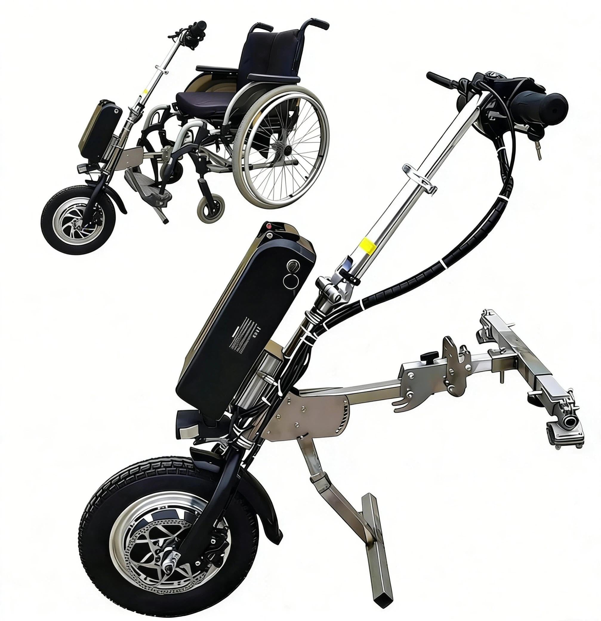 500W Handbike Eléctrica para Silla de Ruedas, Kit de Conversión con Batería de Litio 17Ah (70km), Dispositivo de Tracción Profesional en Acero Inox para Chasis Plegable o Fijo(A)