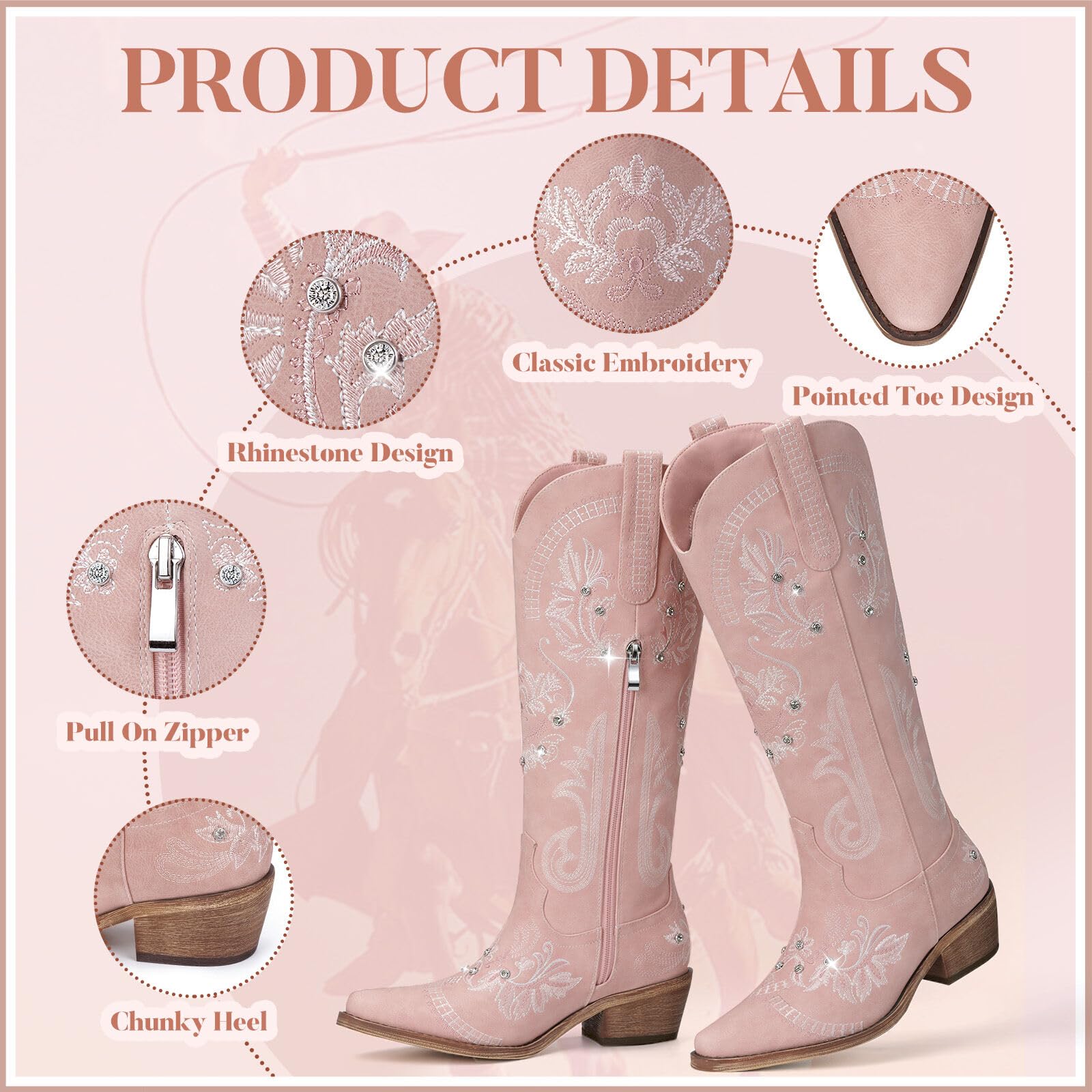 Stivali da cowboy da donna, stivali da cowgirl larghi al polpaccio alti al ginocchio, stivali da cowgirl con strass scintillanti glitterati con ricamo classico, stivali retrò a punta con