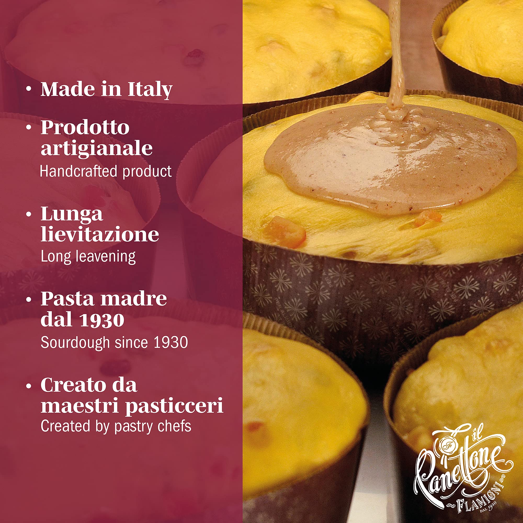 FLAMIGNI, Panettone Artisanal Italien à la Poire, Pêche, Pomme et Abricot Confit, avec Glaçage aux Noisettes, Amandes et Sucre, sans Raisins Secs, Emballage Cadeau avec Décoration pour Noël, 1kg