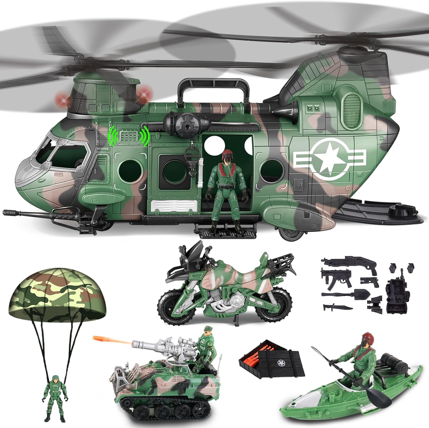 deAO Military Helicopter Toys Set Army Men Playset, Army Toys with Army Tank, Soldier Action Figures, Motorcycle, Combat Truck, Aircraft with Lights&Sound, Christmas Birthday Gifts for Kids Boys