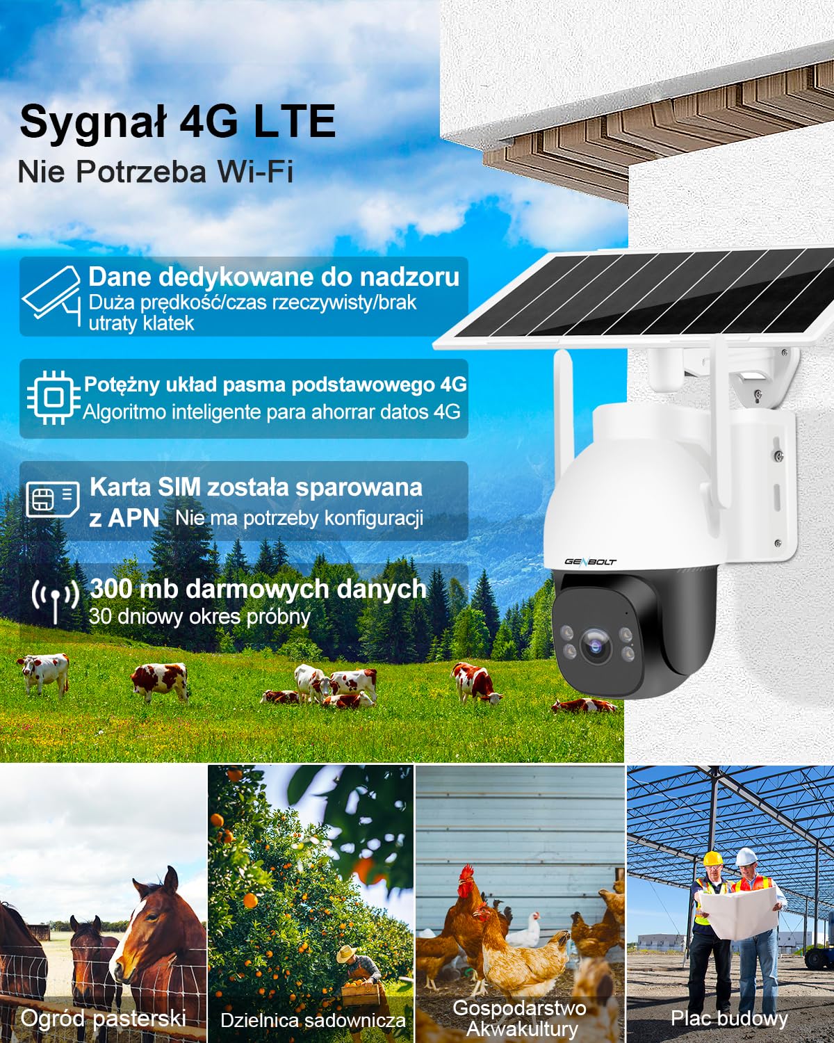 GENBOLT 2K Bezprzewodowa Solarna Kamera Monitoringu 4G LTE na Zewnątrz | AOV, bez WiFi, Nagrywanie 24/7, Przysłona F1.0, Wykrywanie AI Człowiek/Pojazd 90 Stóp