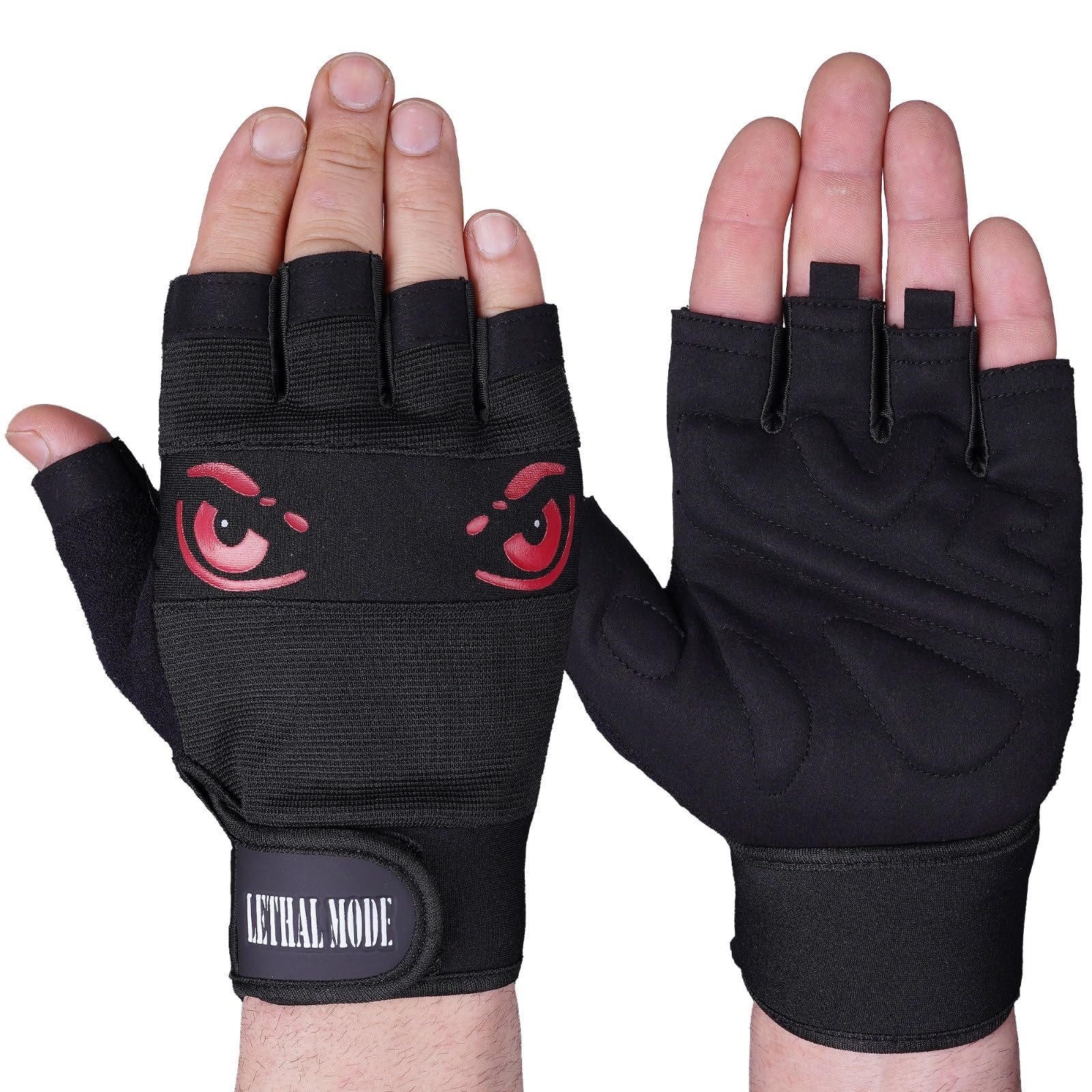 LETHAL MODE Gym Gloves for Men & Women – Weight Lifting, CrossFit, Workout & Cycling Gloves Long Wrist Wrap – Fingerless Grip Gloves Enhanced Performance and Hand Protection (D8-Short Straps, S)